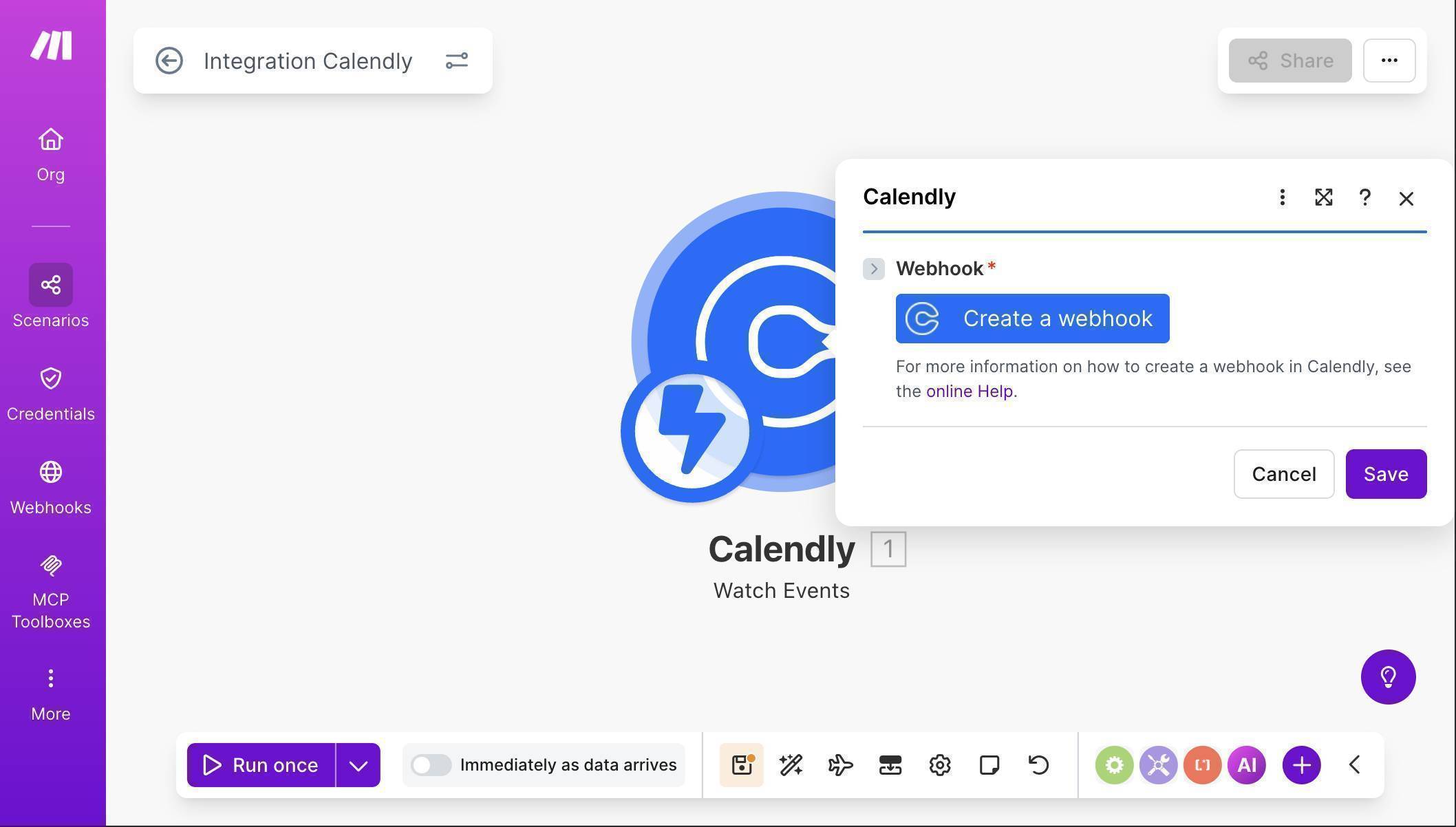 Calendly Watch Events module with Create a webhook button
