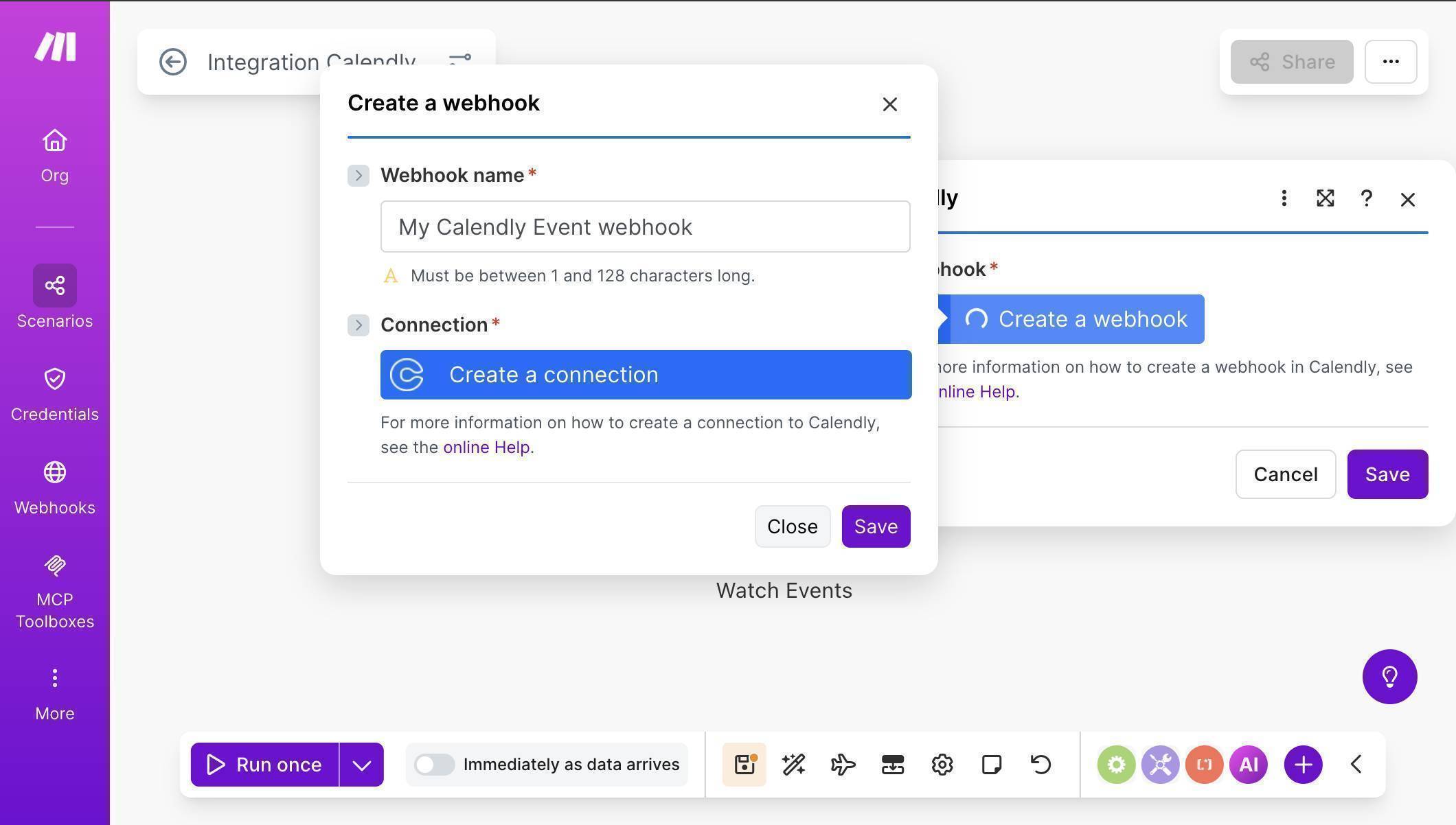 Webhook creation dialog — Create a connection to link your Calendly account