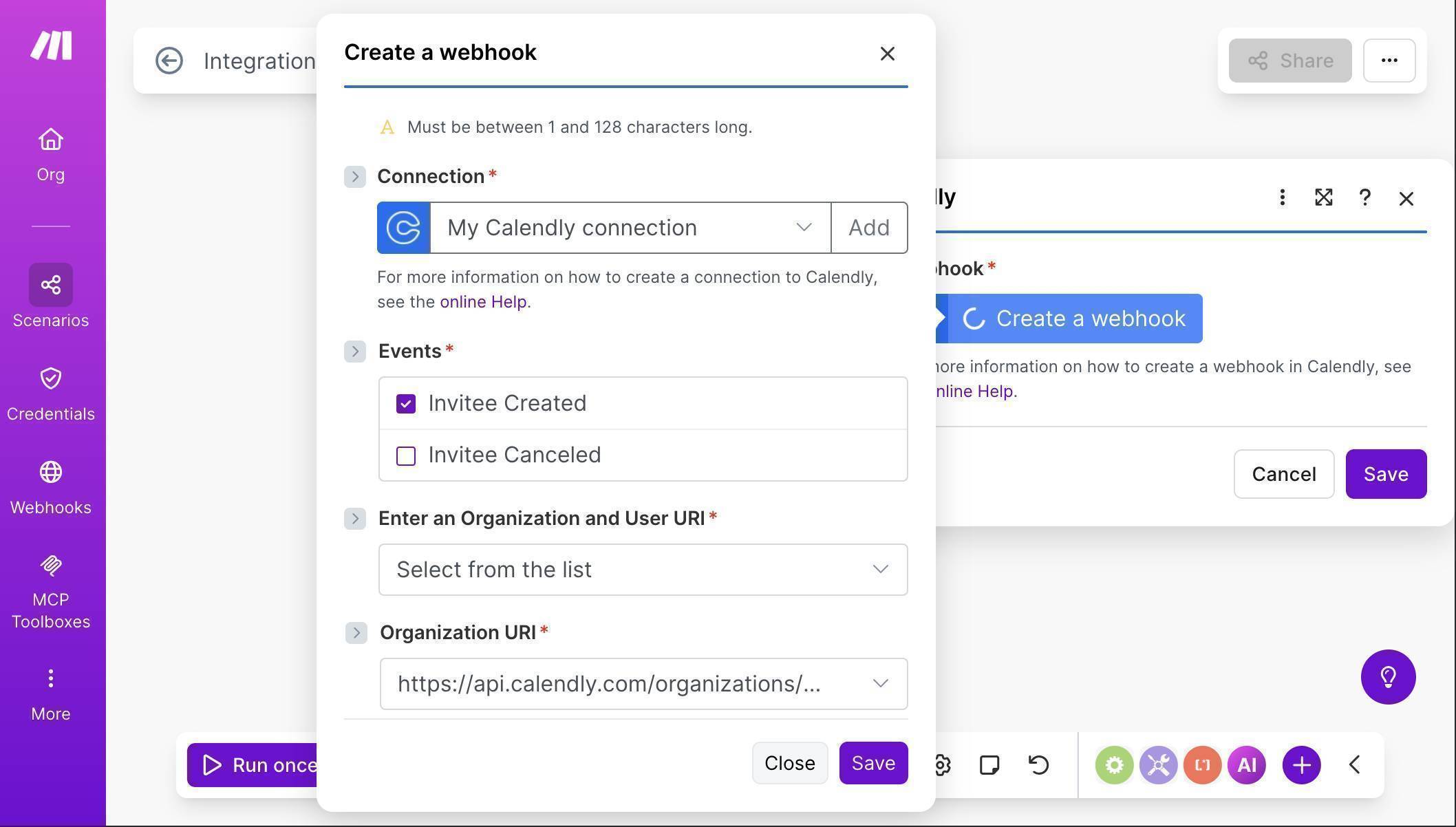 Webhook configured — Invitee Created checked and Organization URI selected