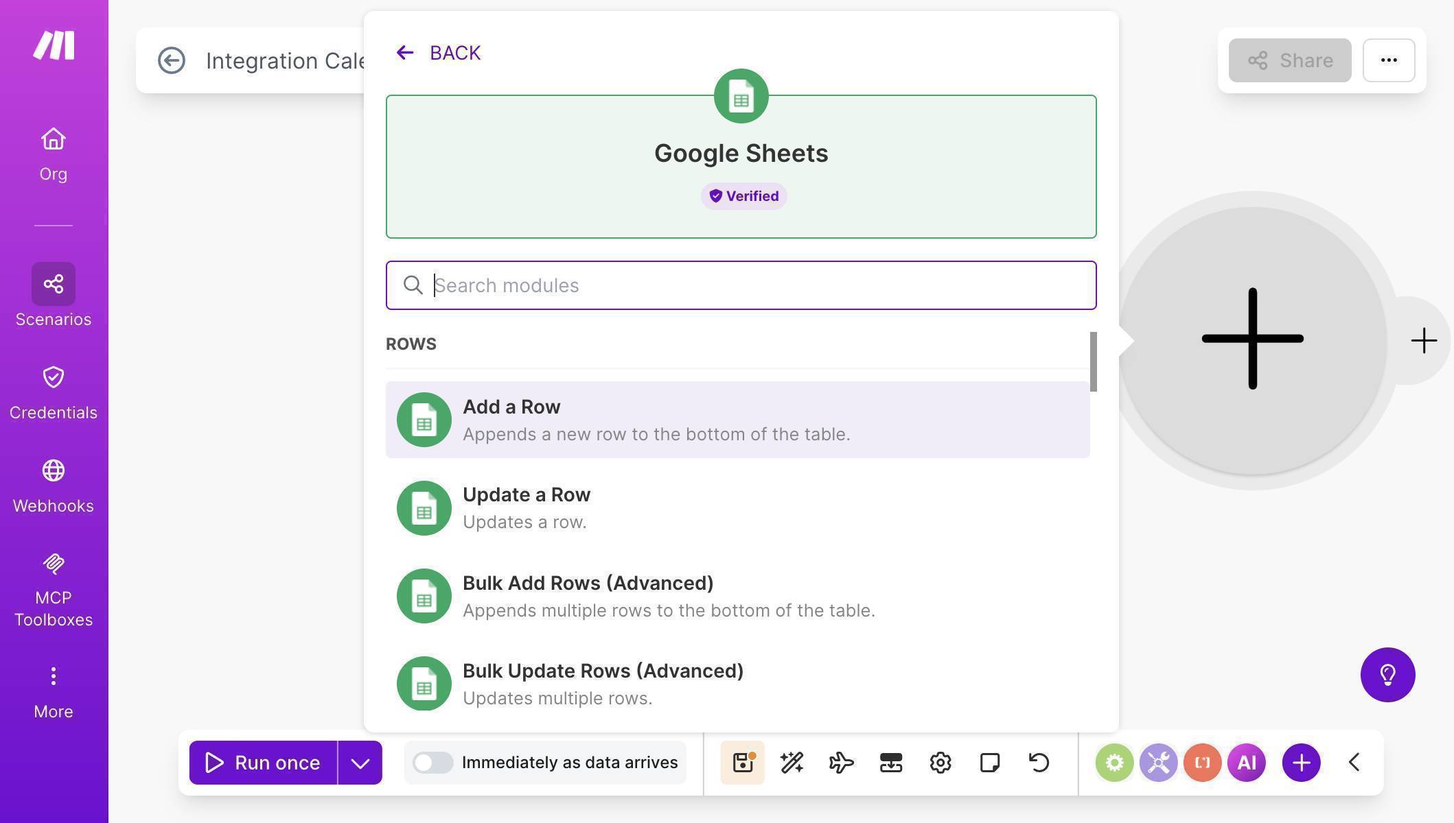 Google Sheets module picker — select Add a Row
