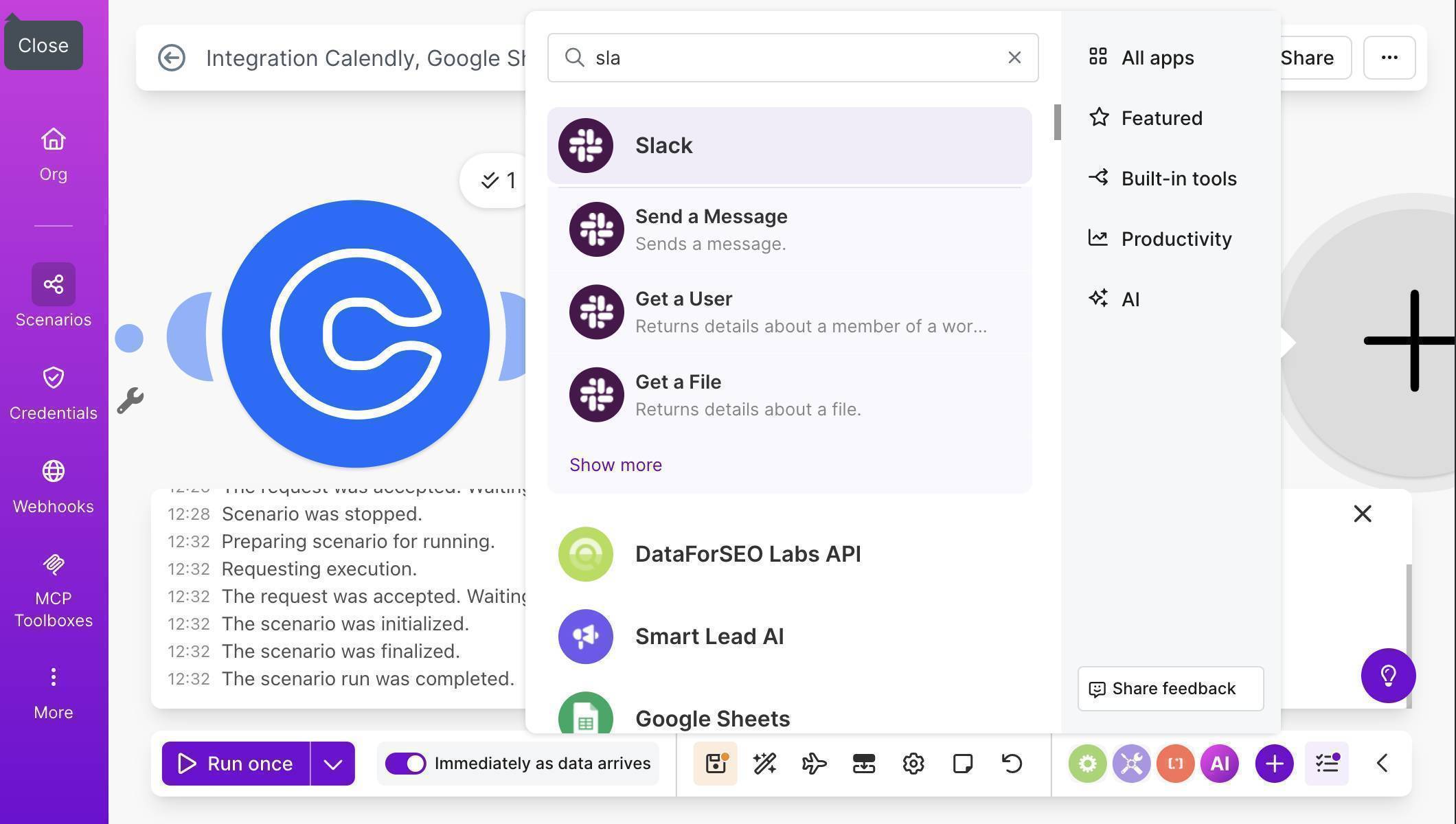 Module picker showing Slack — select Send a Message