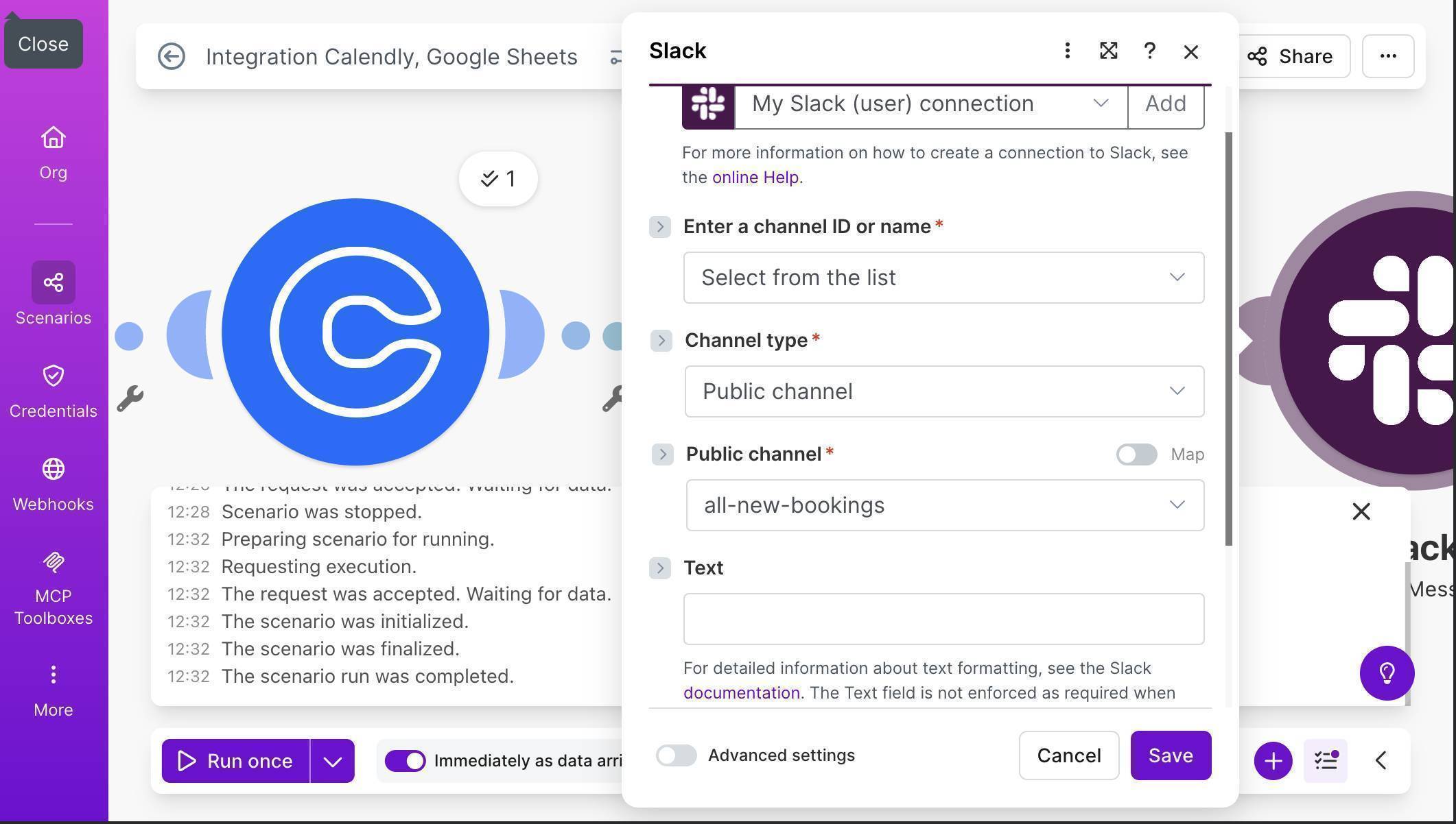 Slack configuration — channel set to all-new-bookings, Public channel type, Text field ready
