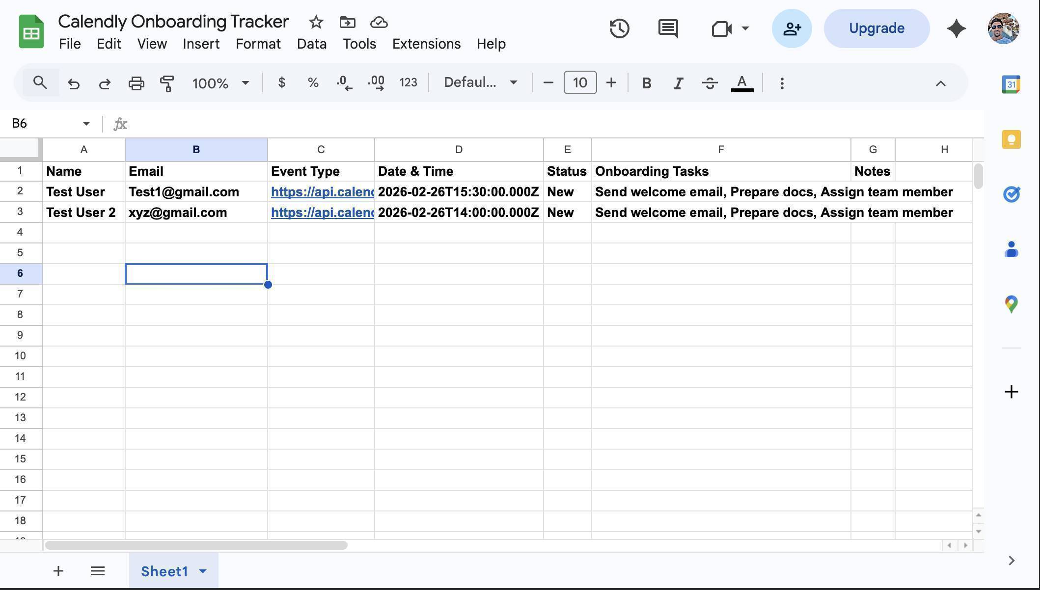 Google Sheet populated with test booking data — Name, Email, Event Type, Date, Status and Onboarding Tasks