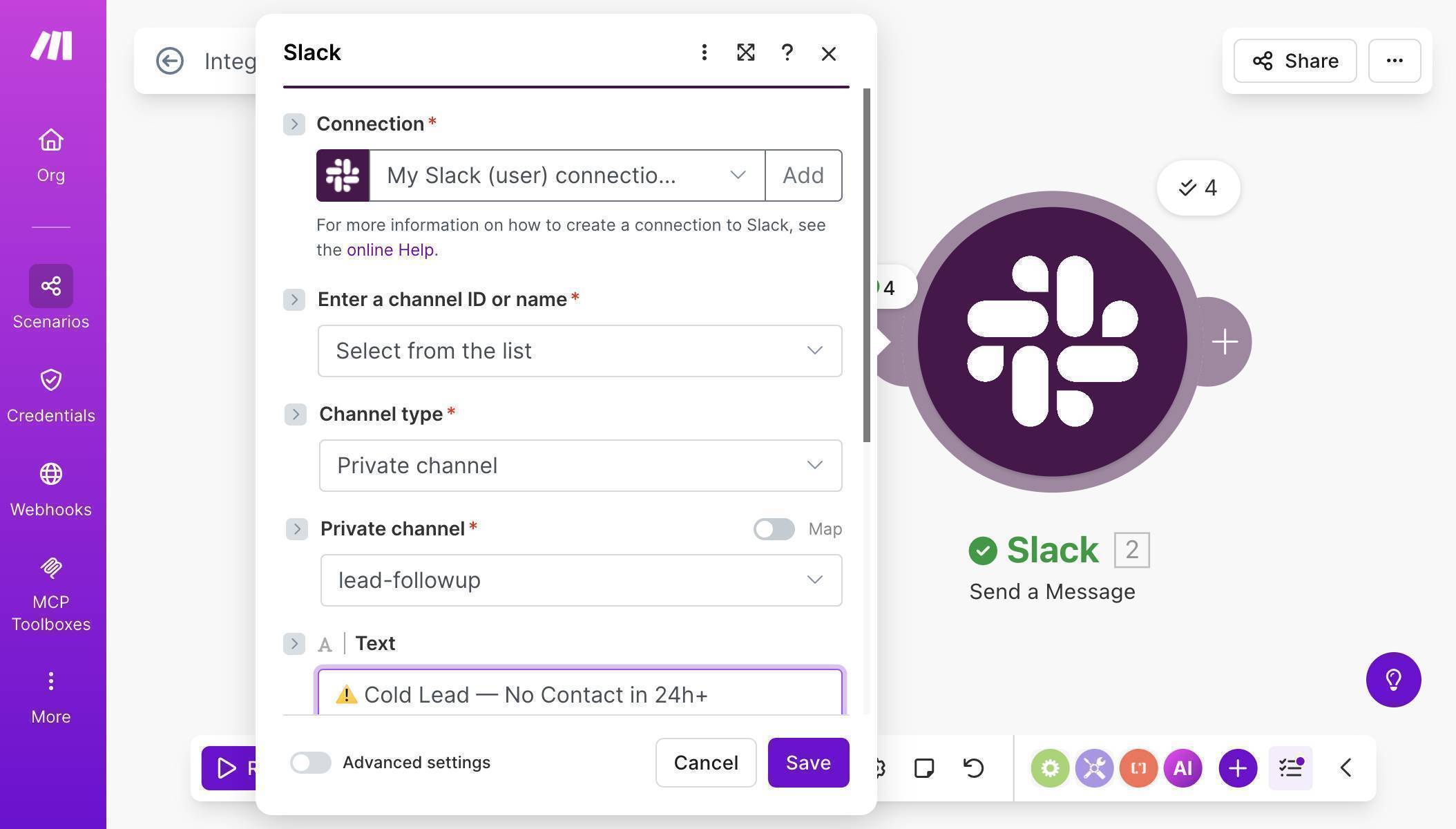 Slack module — connection configured with lead-followup channel selected