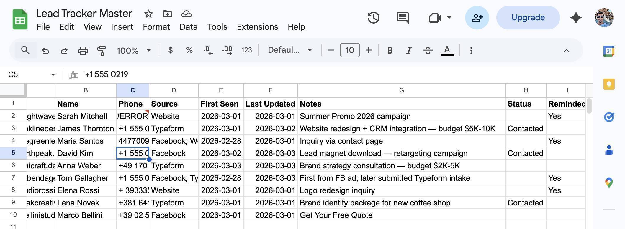 Google Sheet after test — Reminded column shows Yes for processed leads, Contacted leads untouched