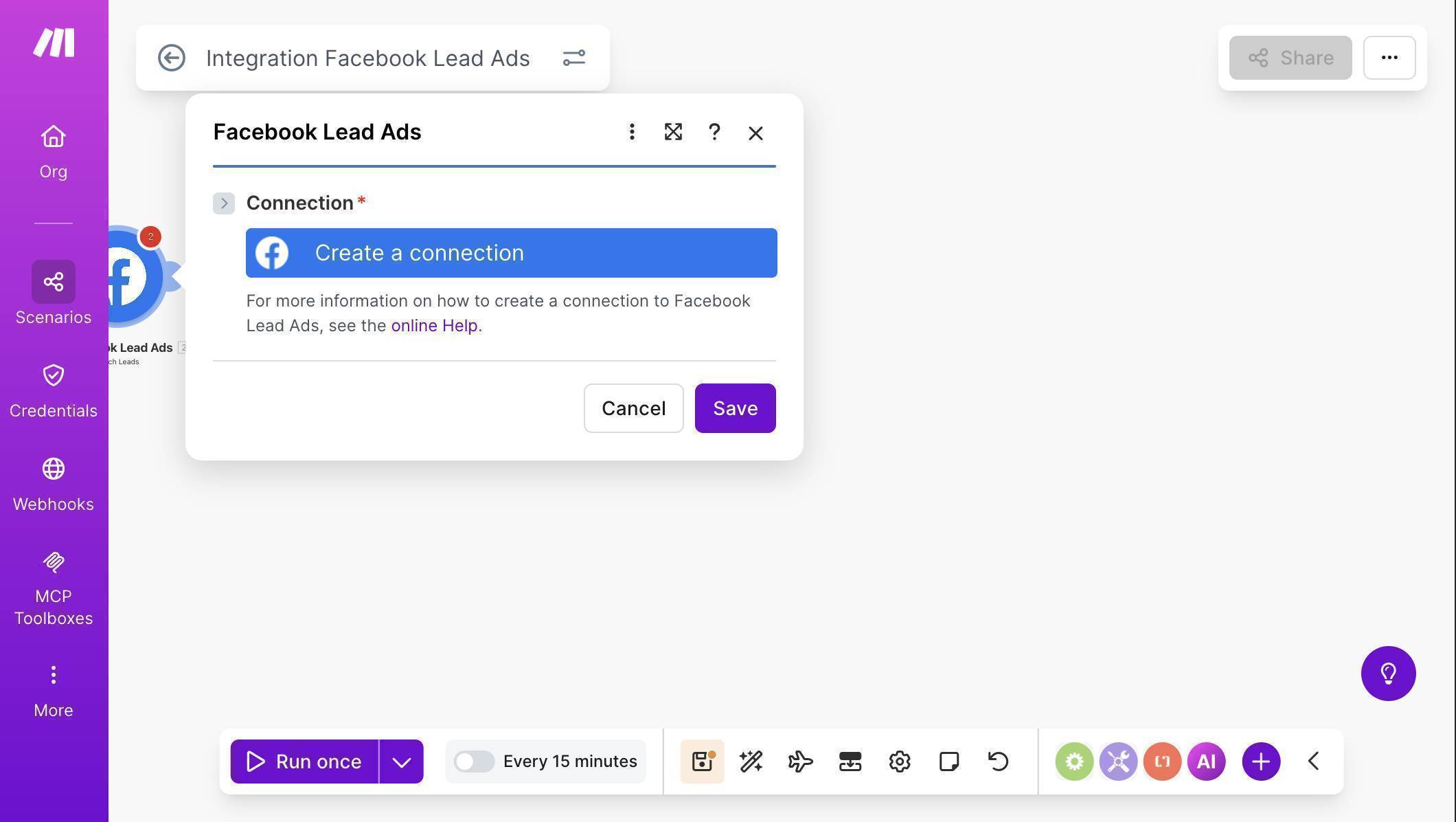 Facebook Lead Ads module — click Create a connection to link your Facebook account