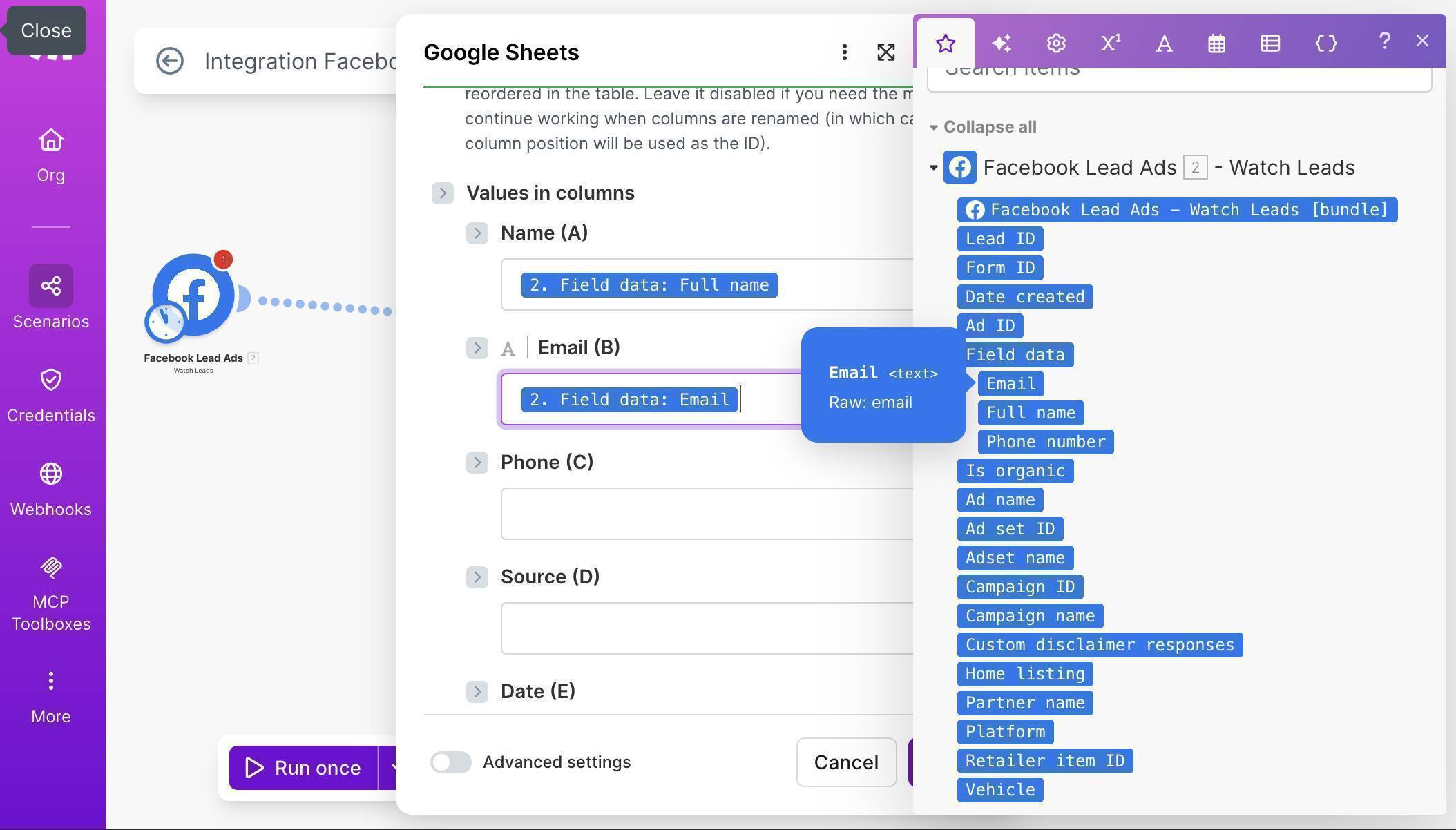 Field mapping — Facebook lead data mapped to Google Sheets columns