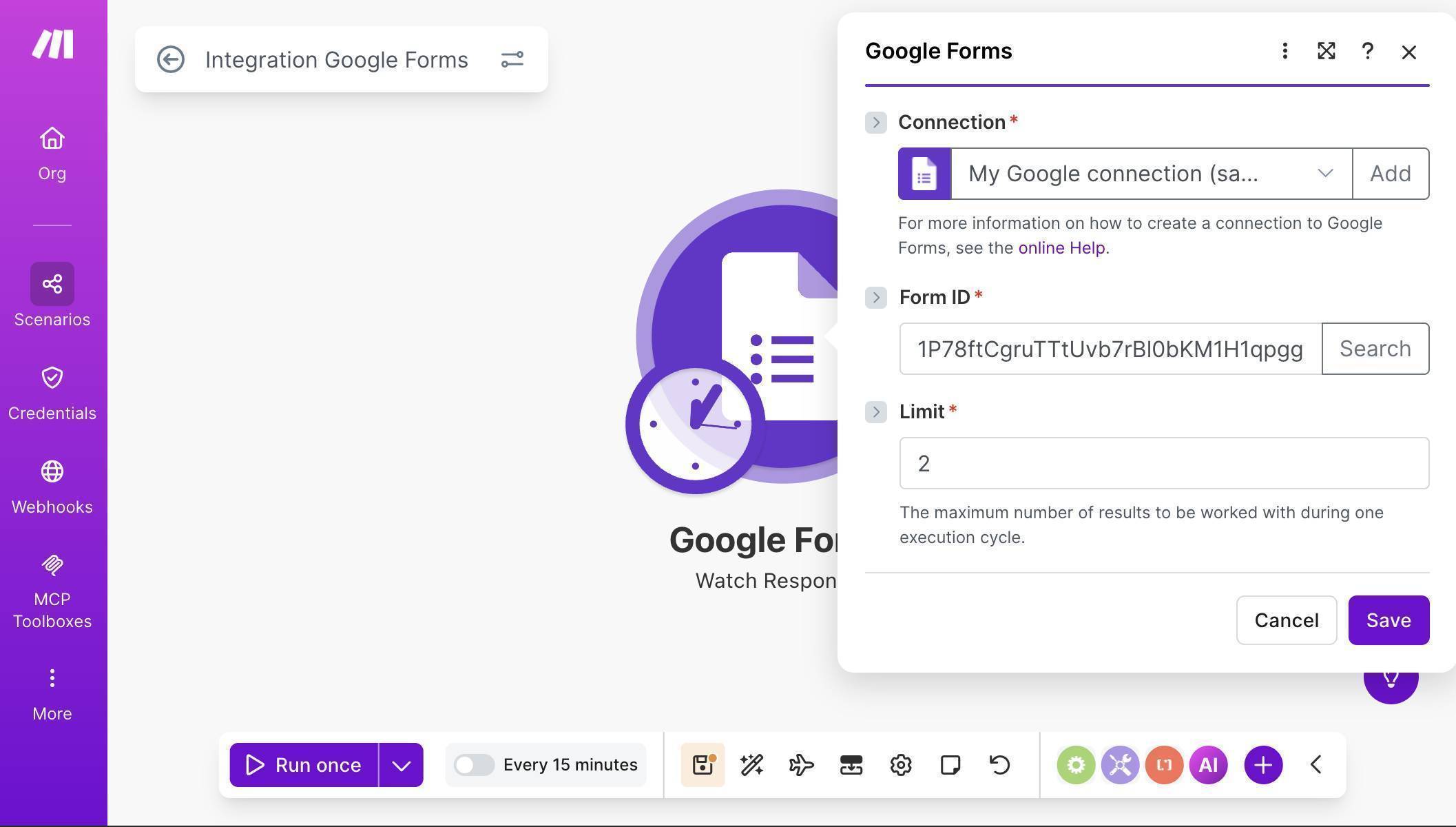 Make.com Google Forms module — Form ID populated and ready to save