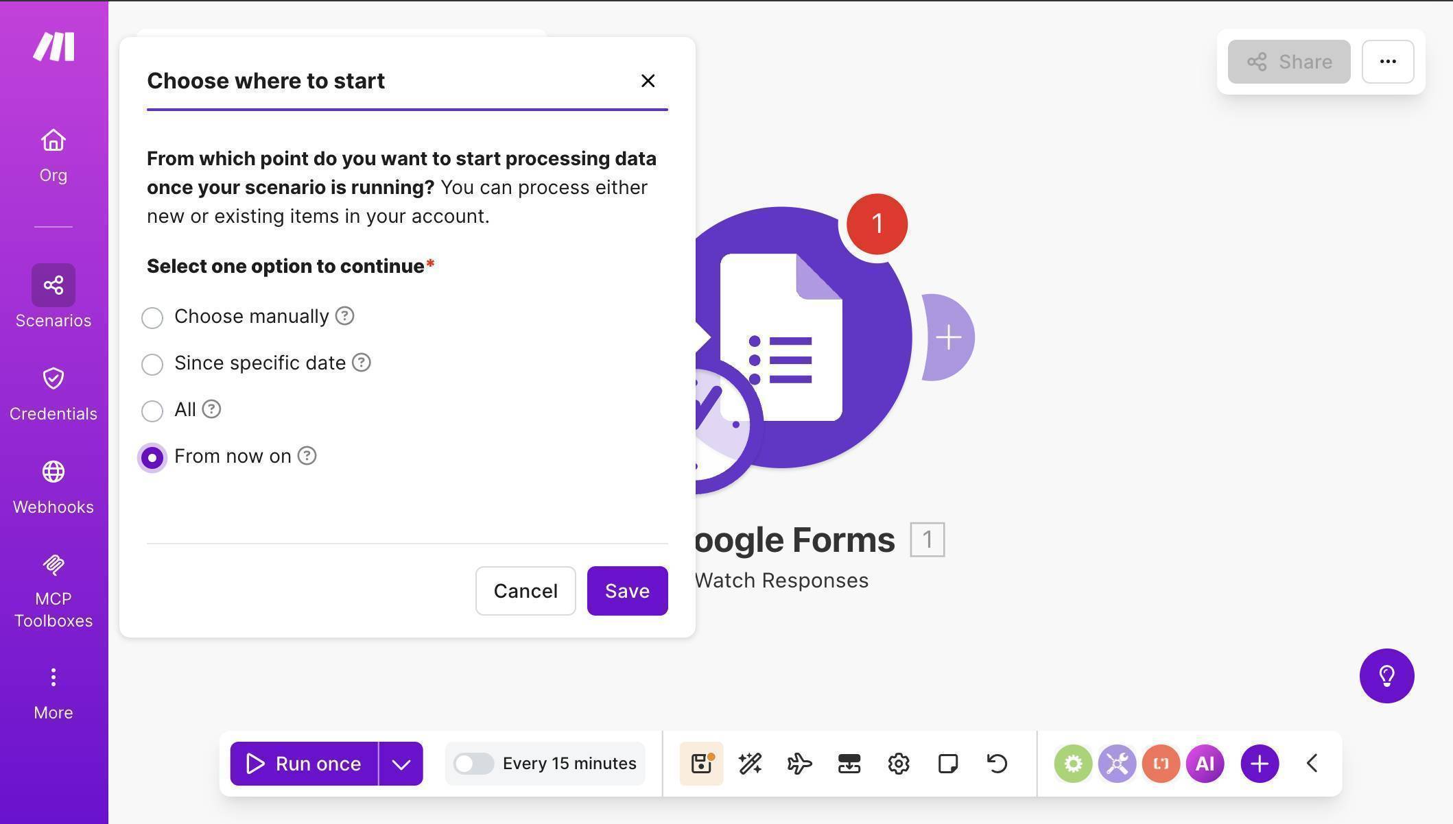 Make.com Google Forms — Choose where to start dialog with From now on selected