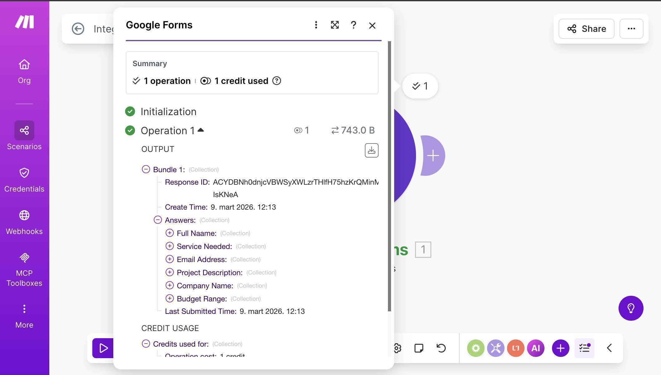 Make.com Google Forms output — nested Answers structure with field names as collections