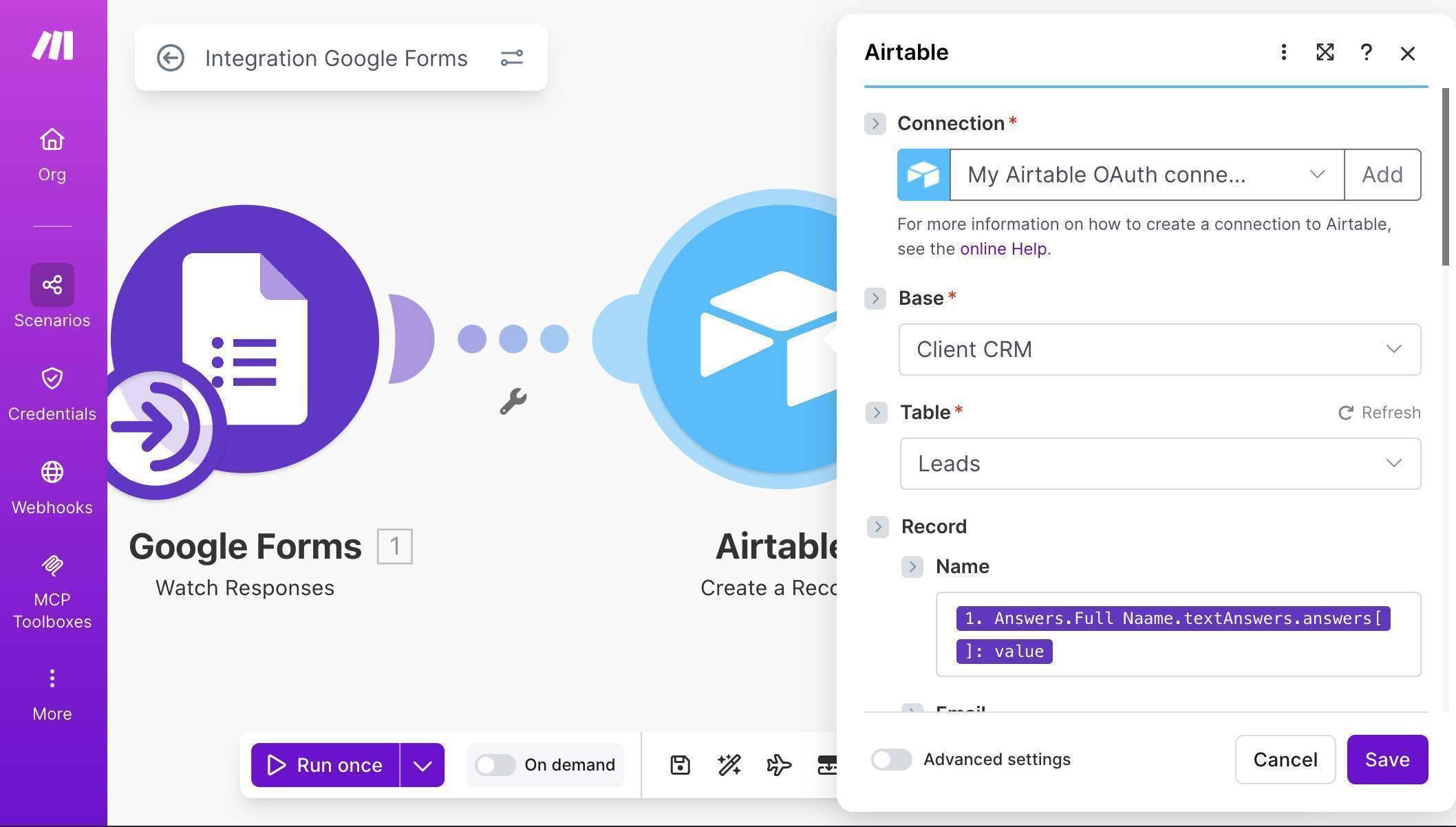 Make.com Airtable module — Base and Table selected with Name mapped from Google Forms