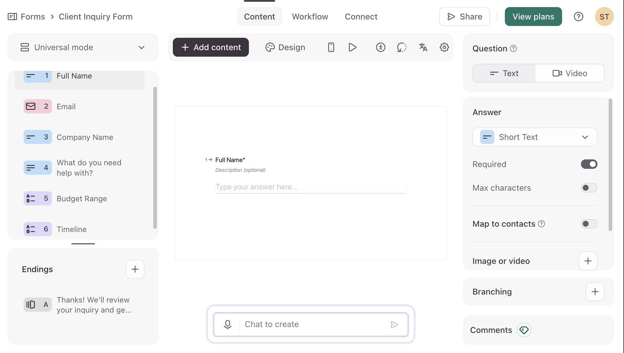 Typeform Client Inquiry Form — six fields: Full Name, Email, Company Name, project description, Budget Range, and Timeline