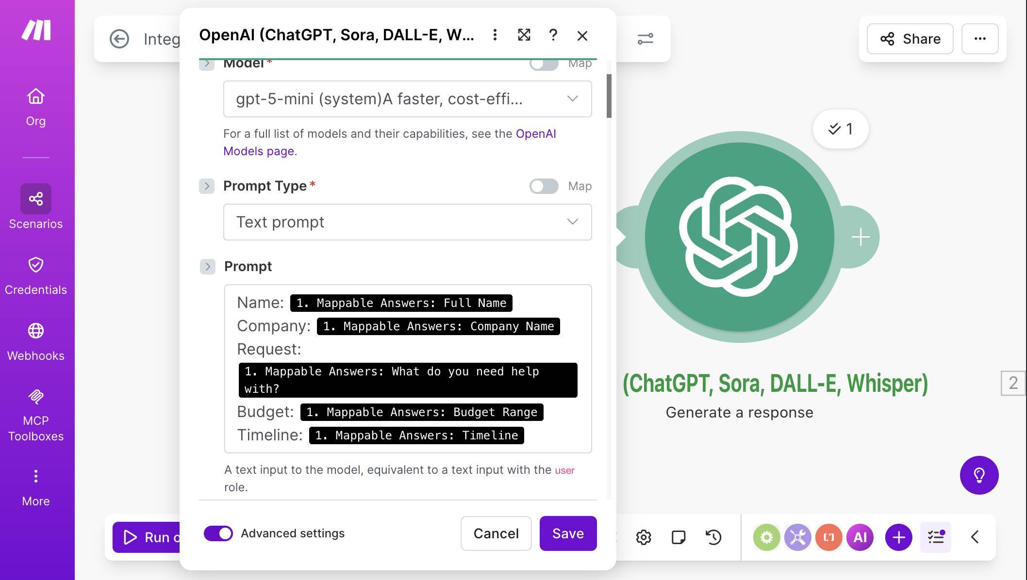 OpenAI Generate a Response — gpt-5-mini selected, Text prompt with mapped Typeform fields for Name, Company, Request, Budget,
