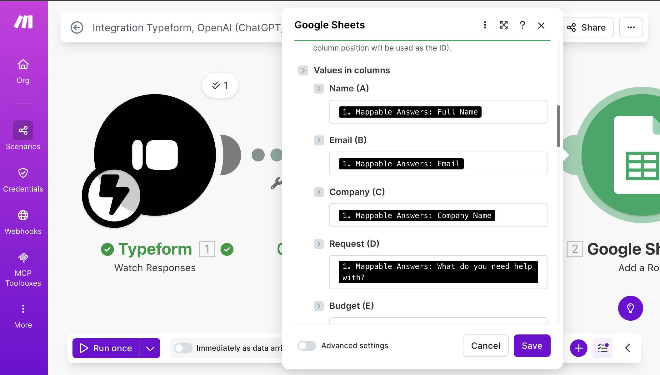 Google Sheets column mapping — Name through Request mapped from Typeform (module 1)