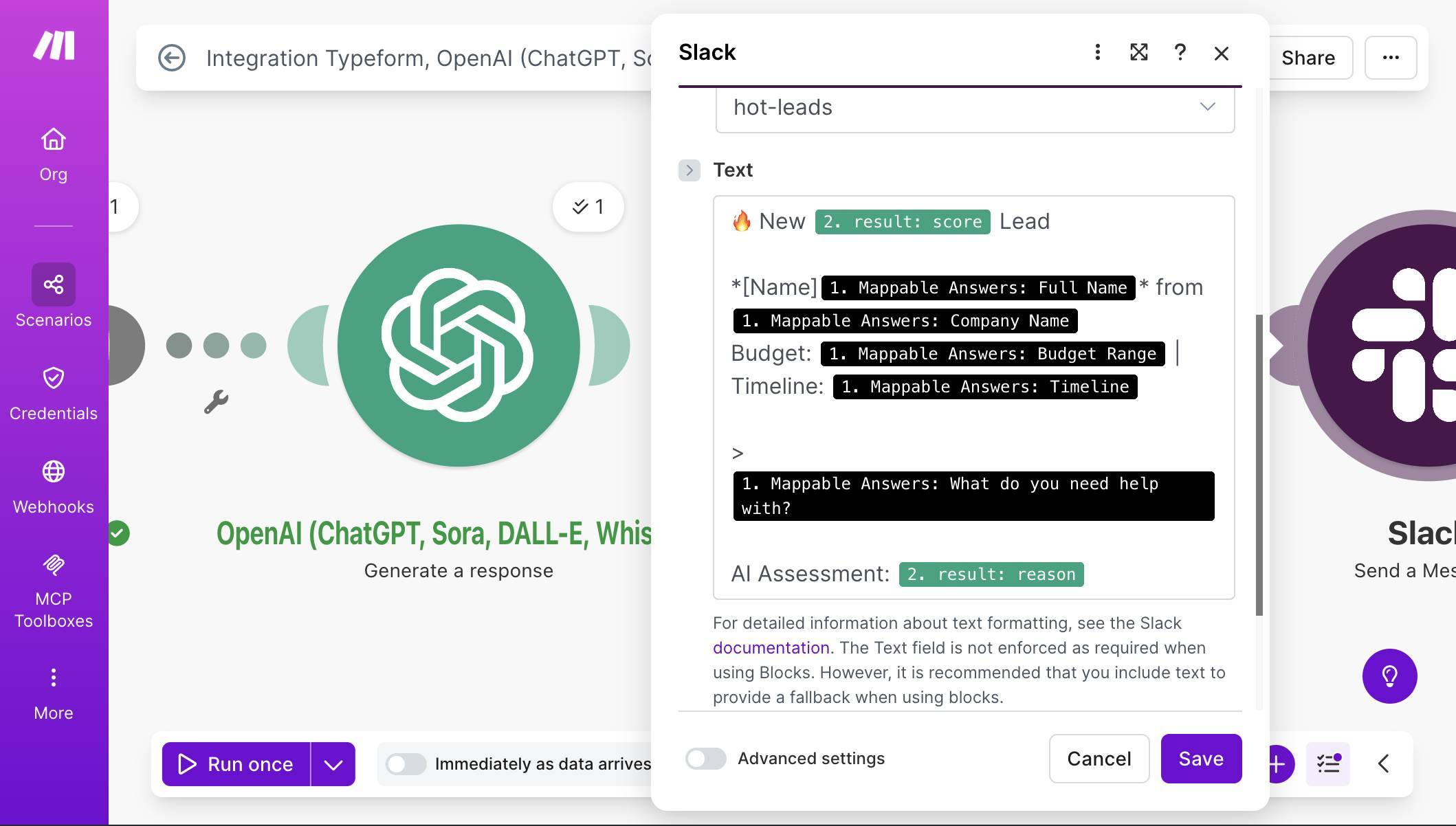 Slack message template — score, name, company, budget, timeline, request, and AI assessment mapped from Typeform and OpenAI m