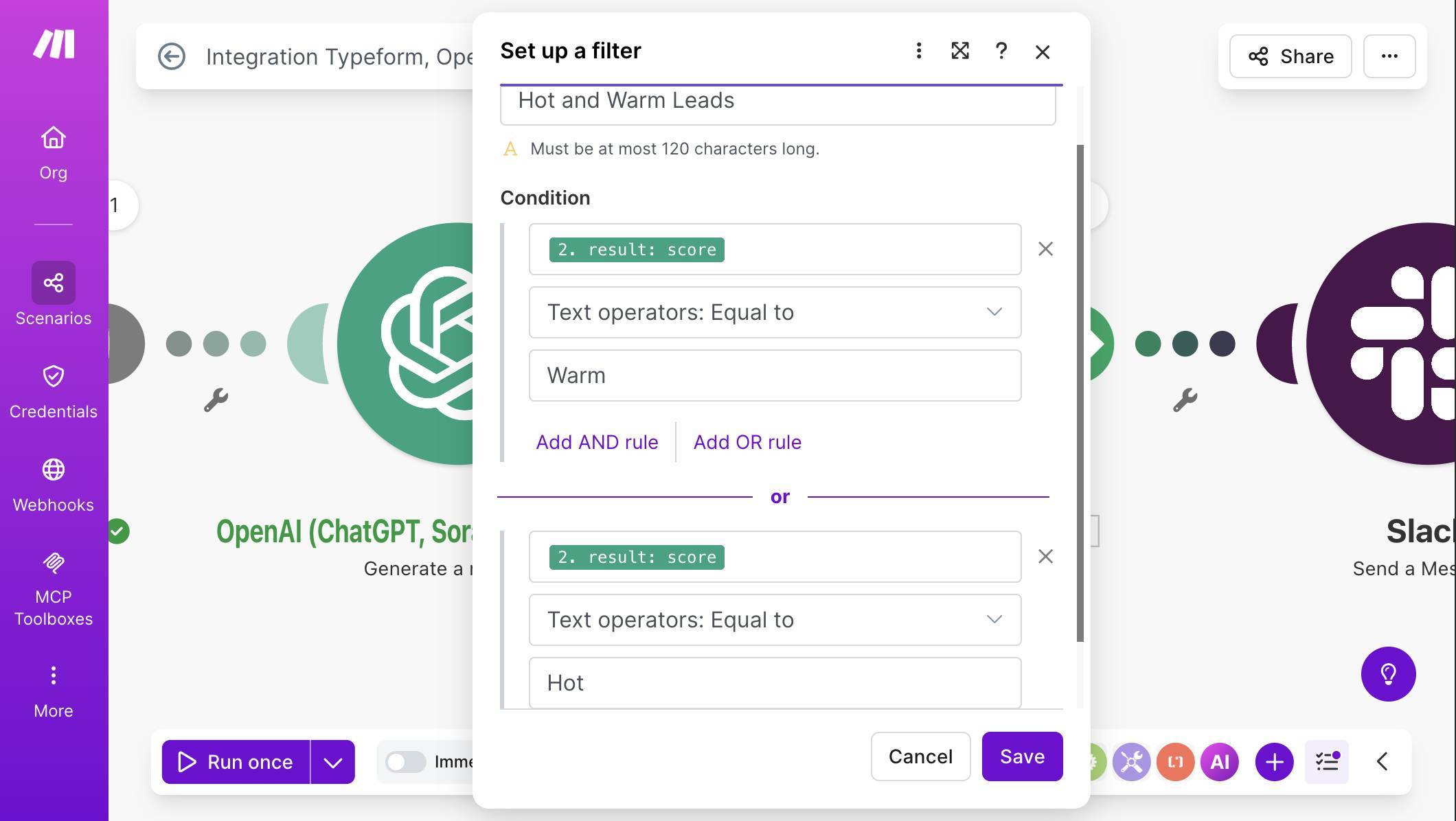 Filter setup — score equals Warm OR score equals Hot