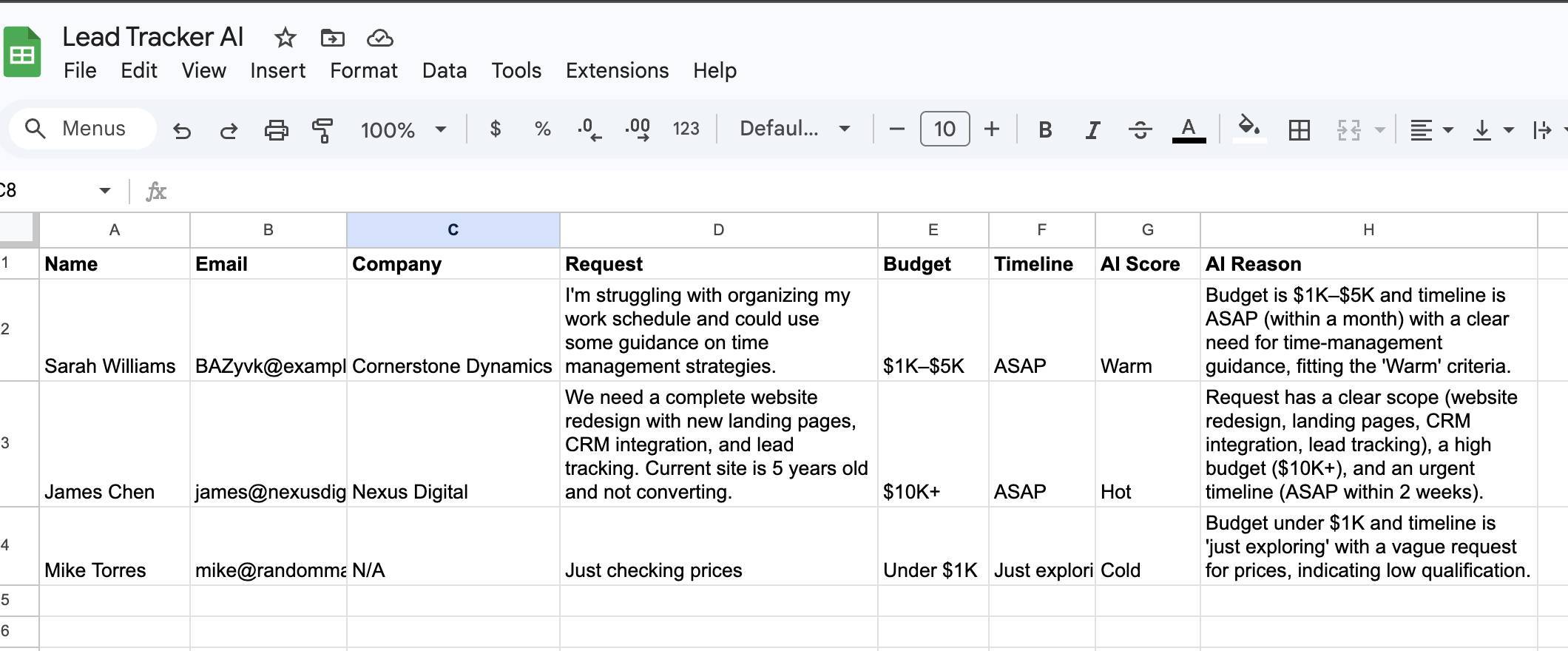 Google Sheet with three test leads — Warm, Hot, and Cold scores with AI-generated reasons in column H
