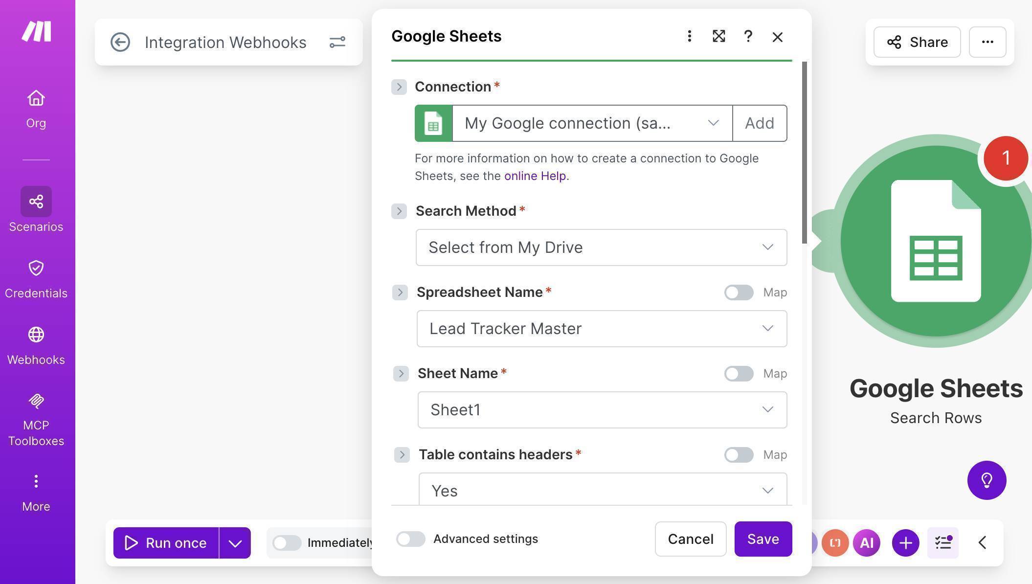 Google Sheets Search Rows — connection configured with Lead Tracker Master spreadsheet selected