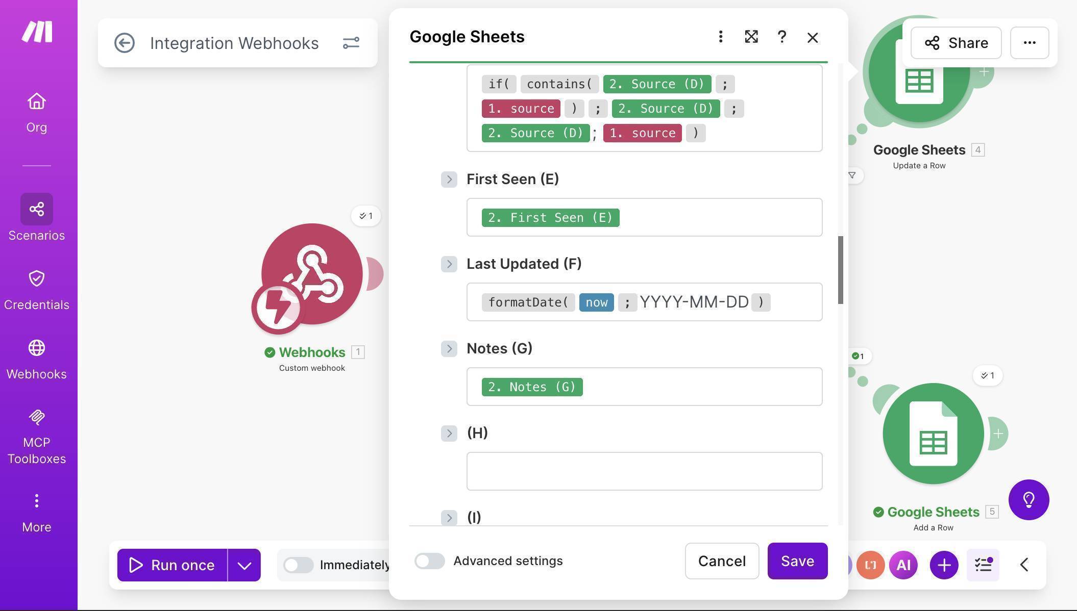 Update a Row continued — First Seen preserved from existing row, Last Updated with formatDate formula, Notes kept from origin