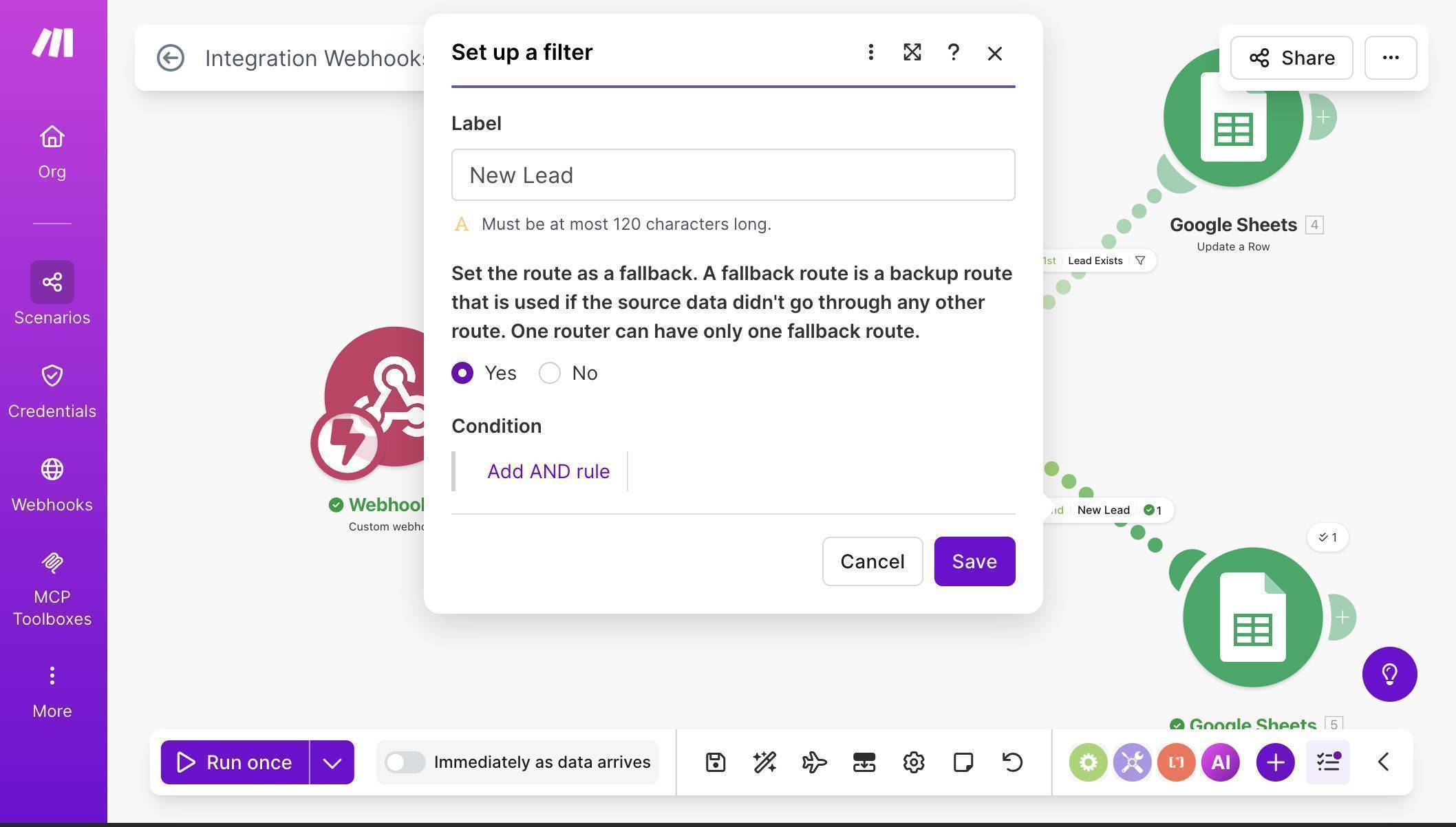 Fallback route configuration — New Lead branch set as fallback, no condition required