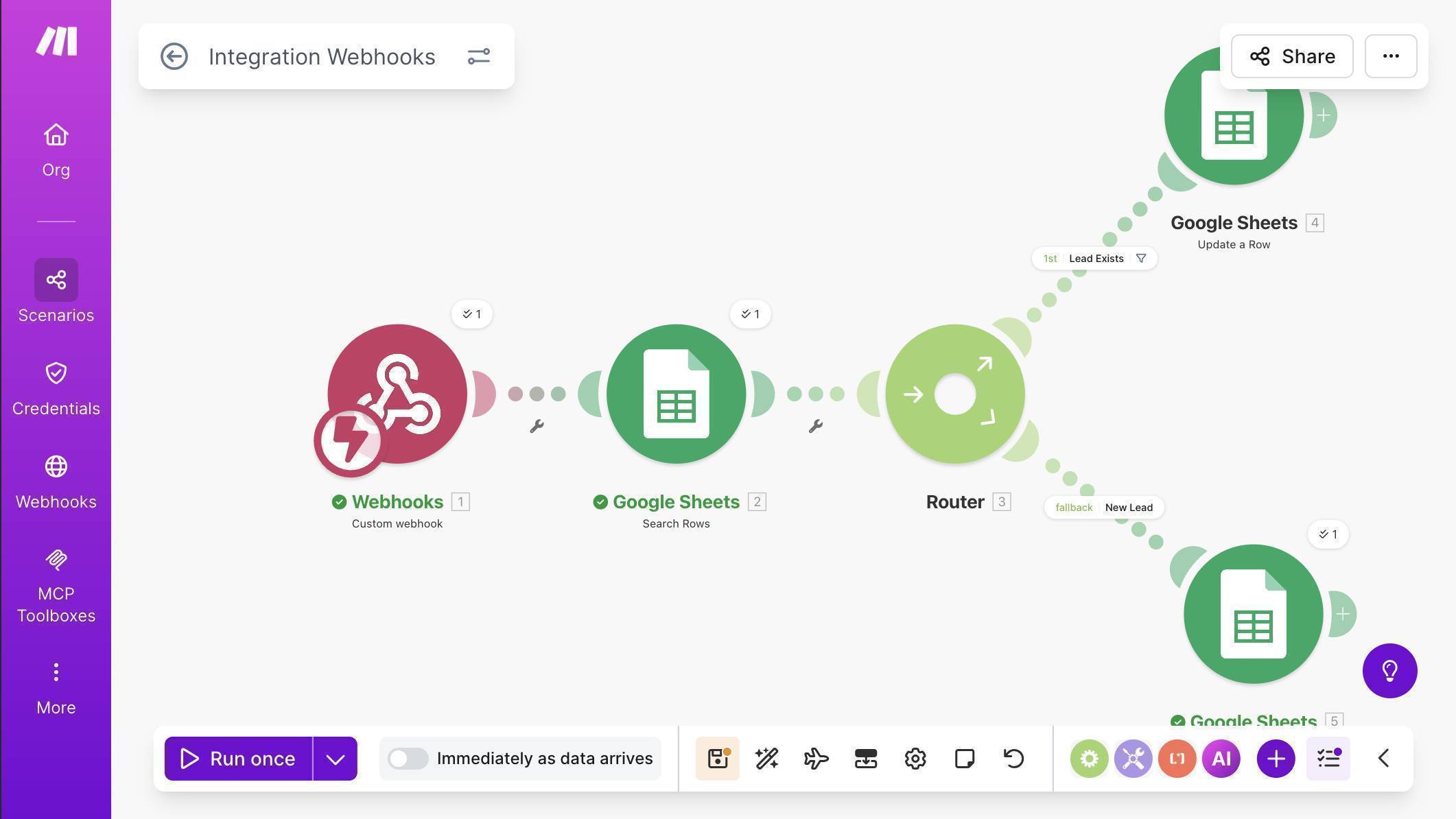 Complete webhook scenario — Custom Webhook, Search Rows, Router with Lead Exists and fallback New Lead branches