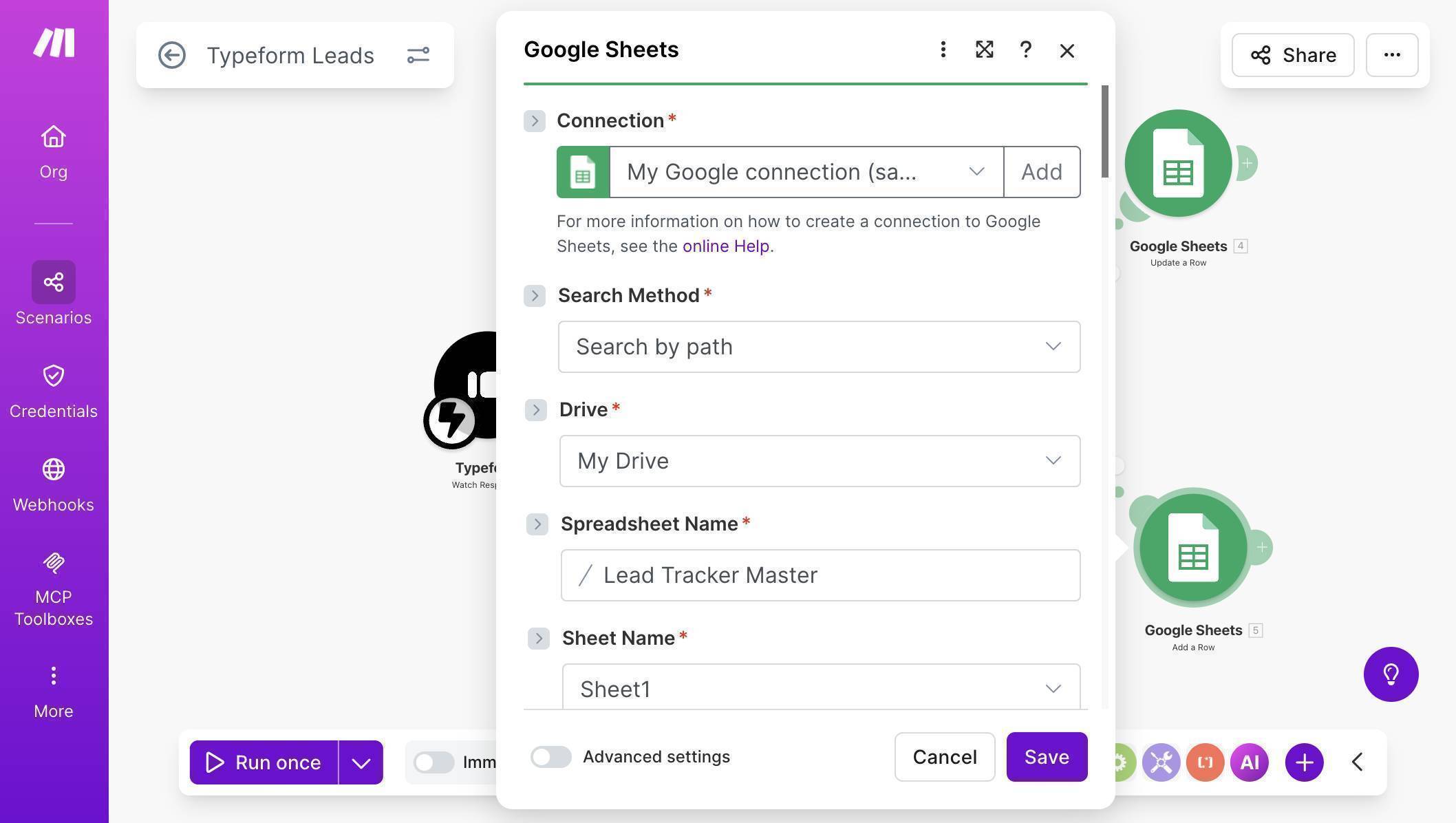 Typeform scenario Google Sheets connection — Search by path, Lead Tracker Master spreadsheet selected