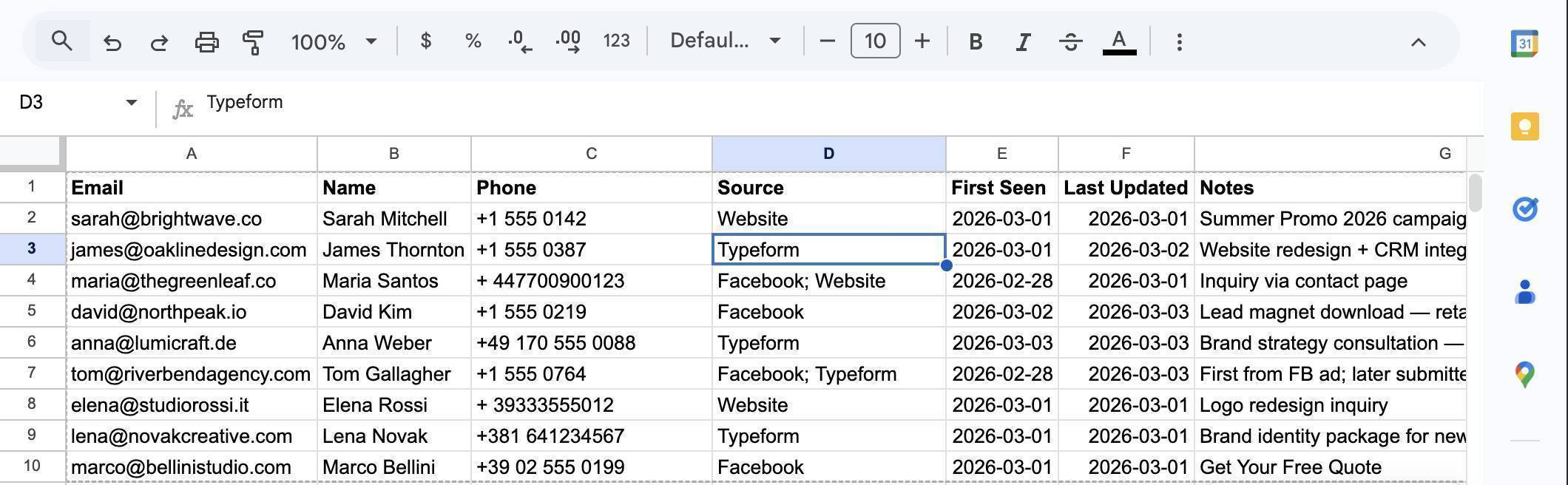 Google Sheet with leads from all three sources — multi-source entries showing Facebook; Typeform and Facebook; Website in Sou