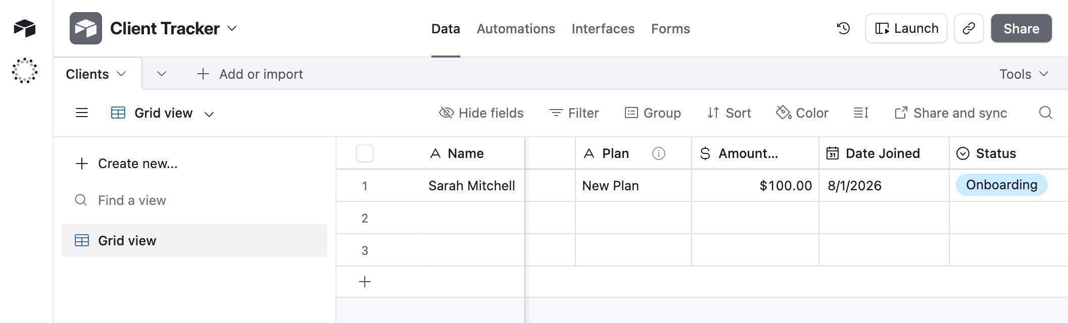 Make.com Stripe Airtable automation — Airtable Client Tracker base with columns configured