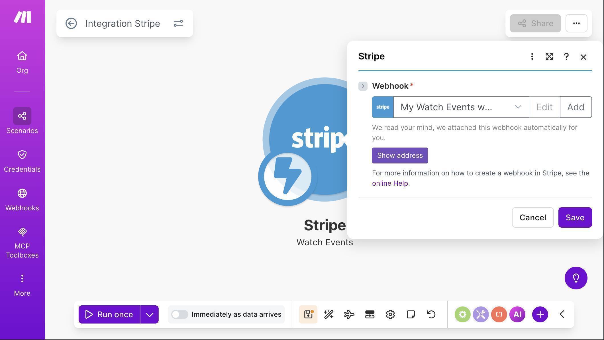 Make.com Stripe Watch Events module — webhook connected and ready