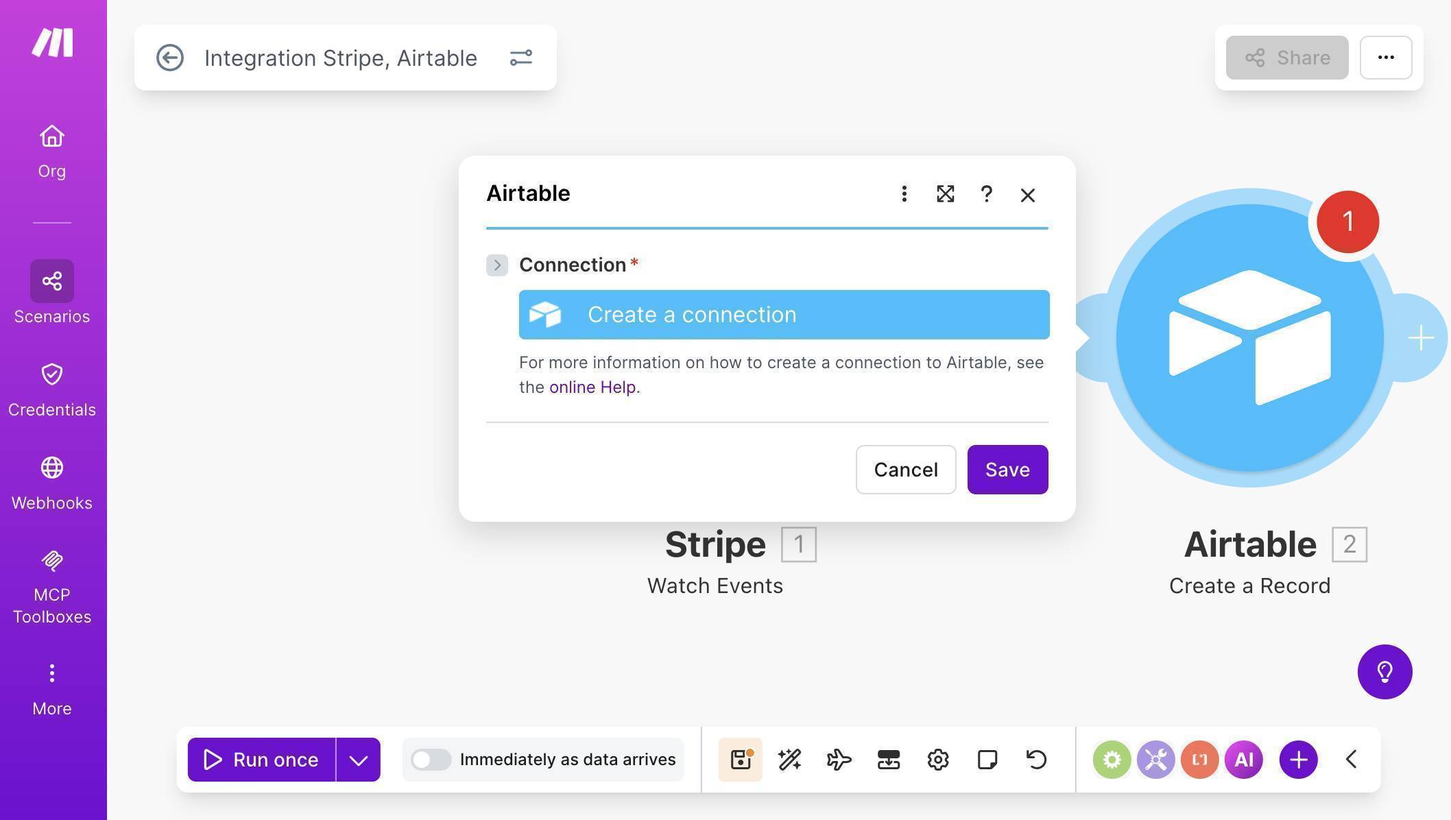 Make.com Airtable module — Create a connection button to link your Airtable account