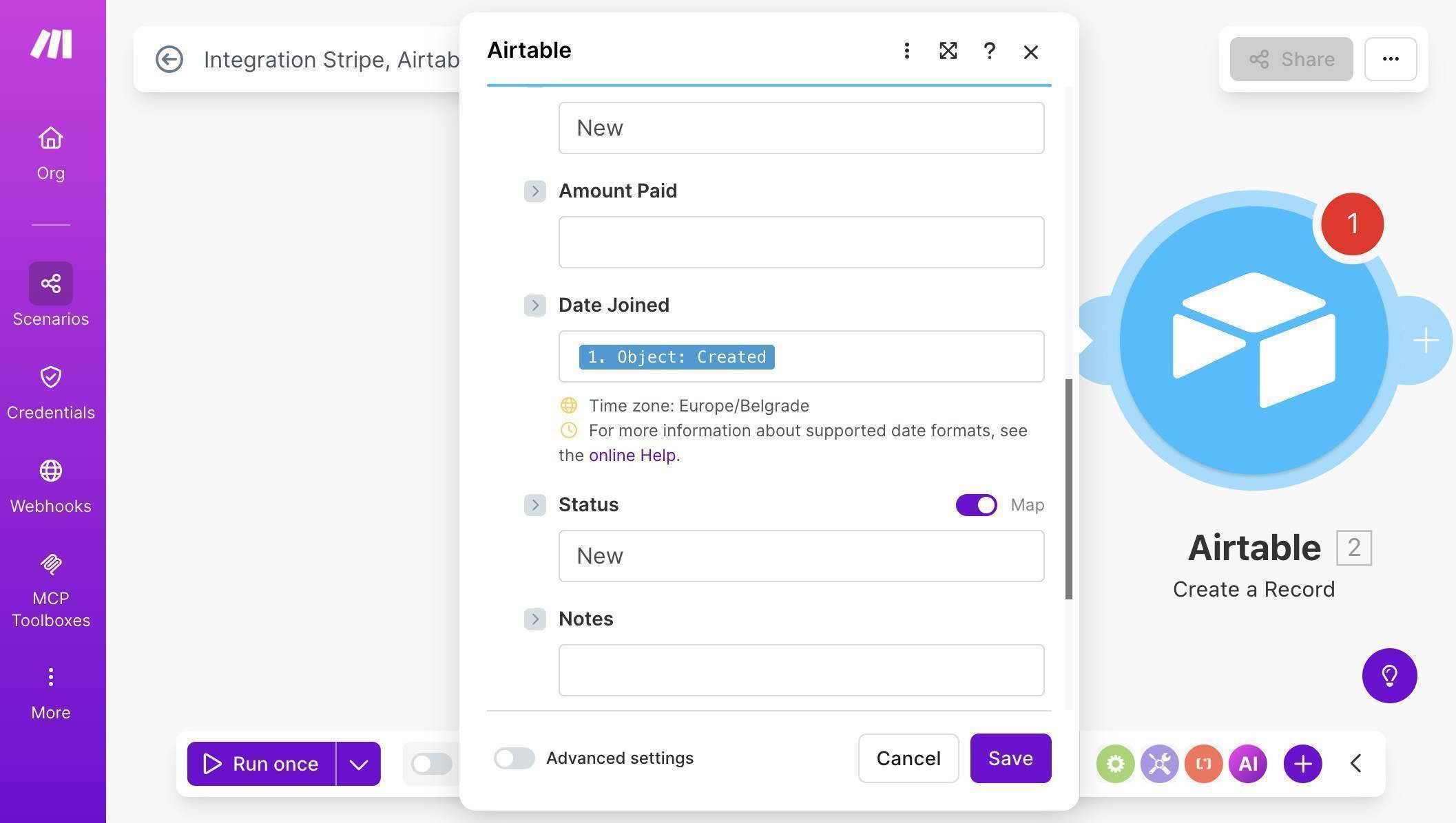 Make.com Airtable field mapping — Date Joined, Status set to New, Notes empty