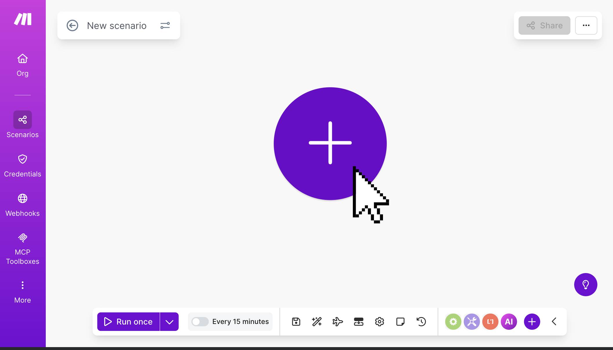 Make.com — new empty scenario with the + button to add your first module