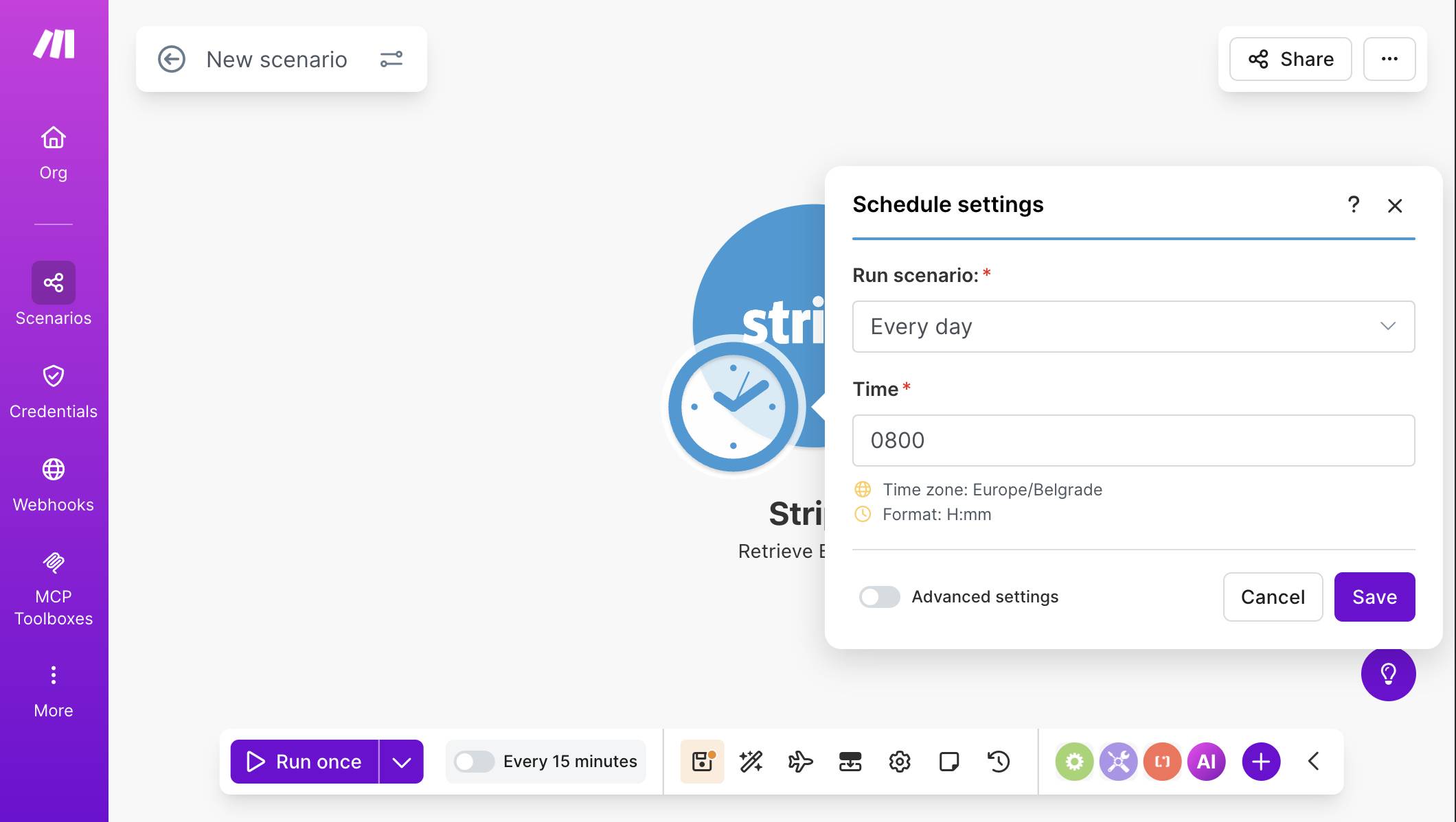 Schedule settings panel — Run scenario set to "Every day", Time set to 0800, timezone Europe/Belgrade