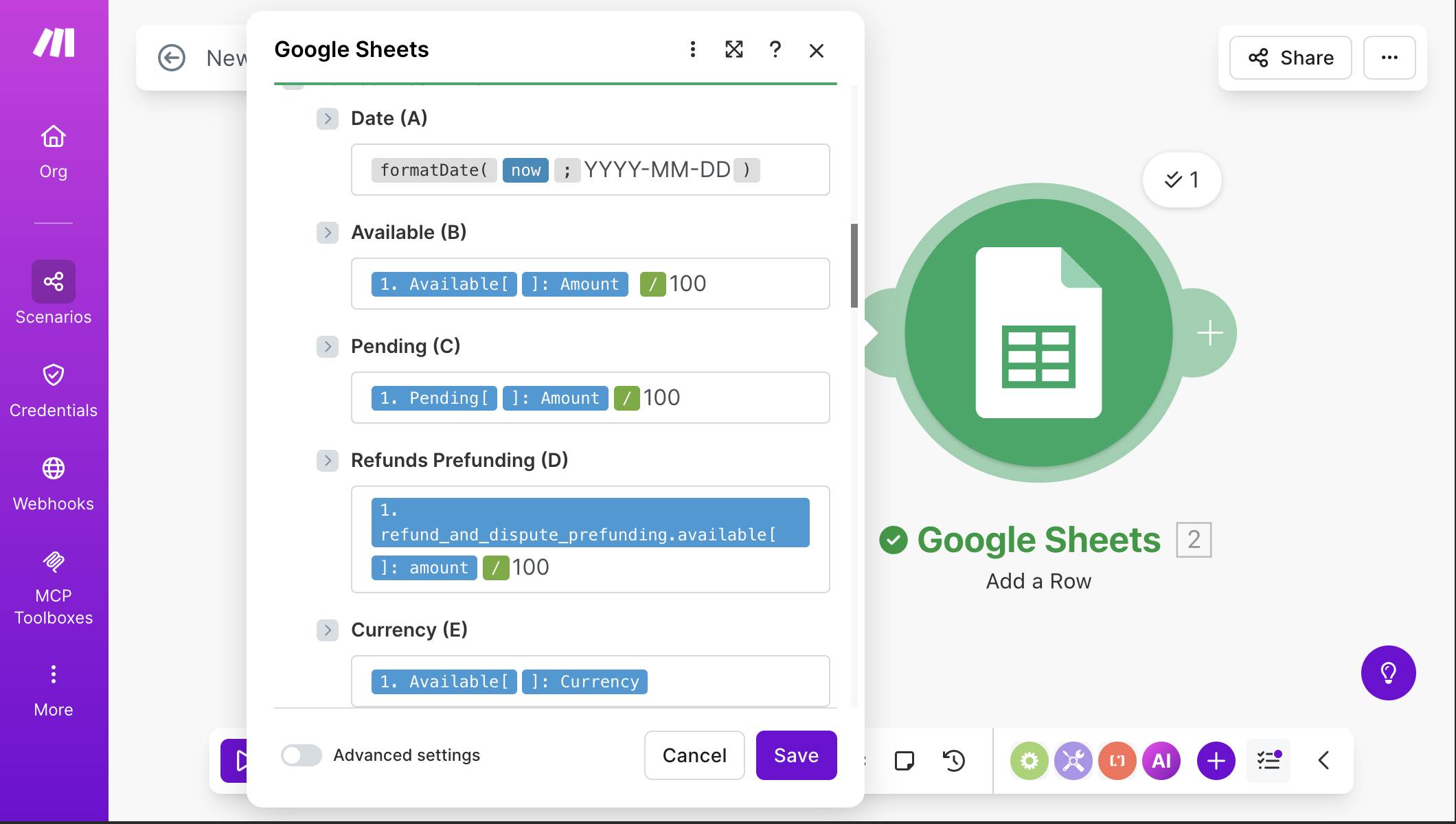 Google Sheets mapping — Date with formatDate formula, Available and Pending with /100 conversion, Refunds Prefunding from ref