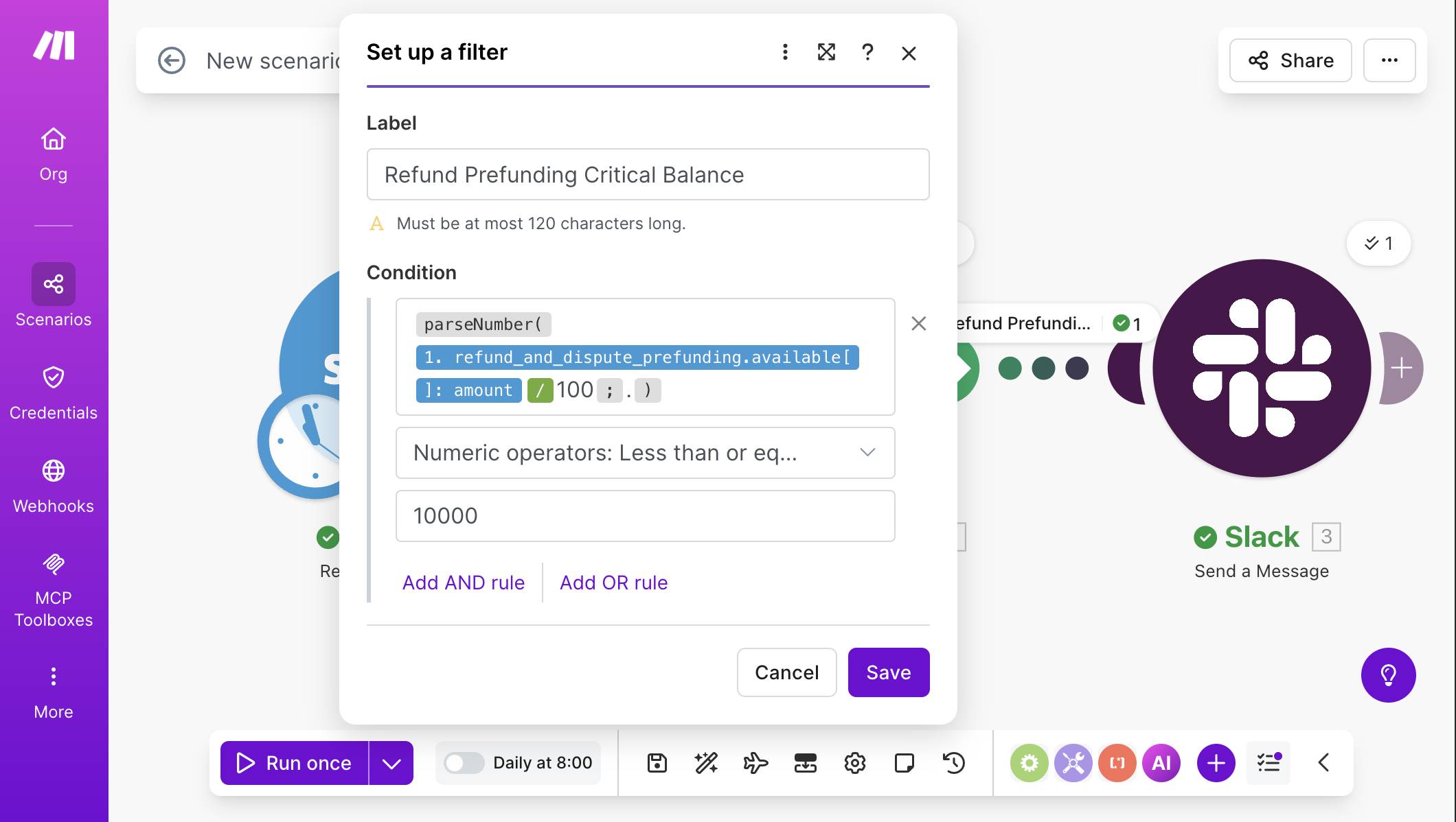 Filter setup — parseNumber wrapping the refund prefunding amount divided by 100, Less than or equal to 10000