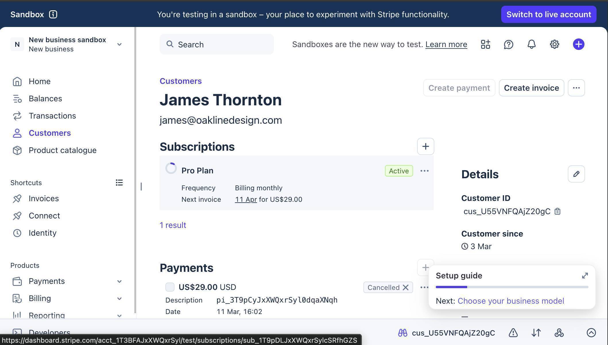 Stripe sandbox — test customer with active Pro Plan subscription