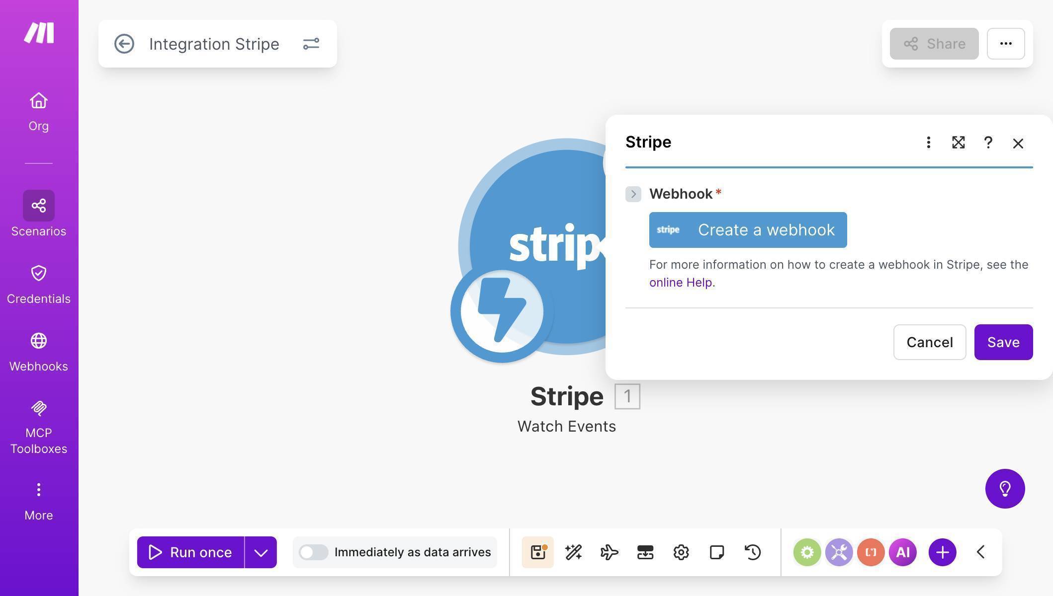 Make.com scenario canvas — Stripe Watch Events module with Create a webhook button