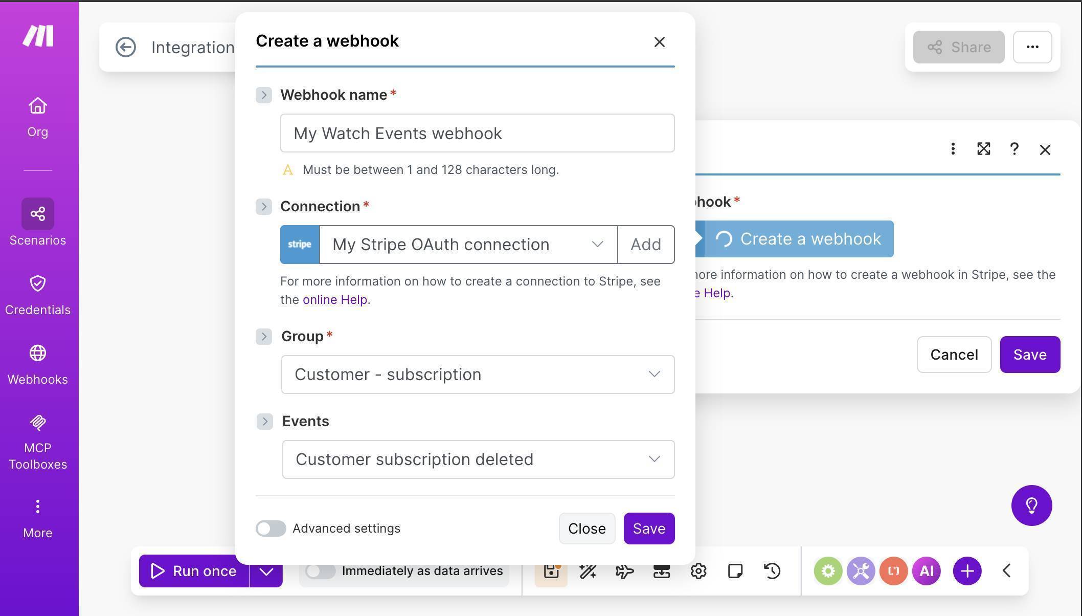 Make.com Stripe webhook config — Group set to Customer-subscription and Event set to deleted
