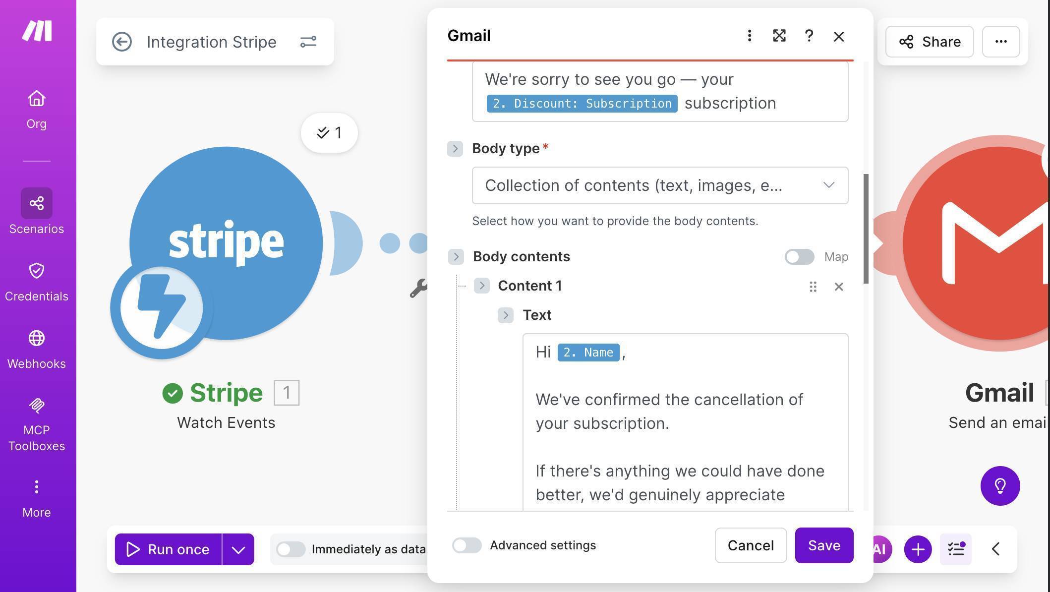 Make.com Gmail module — Subject with plan name and Body with personalized cancellation message