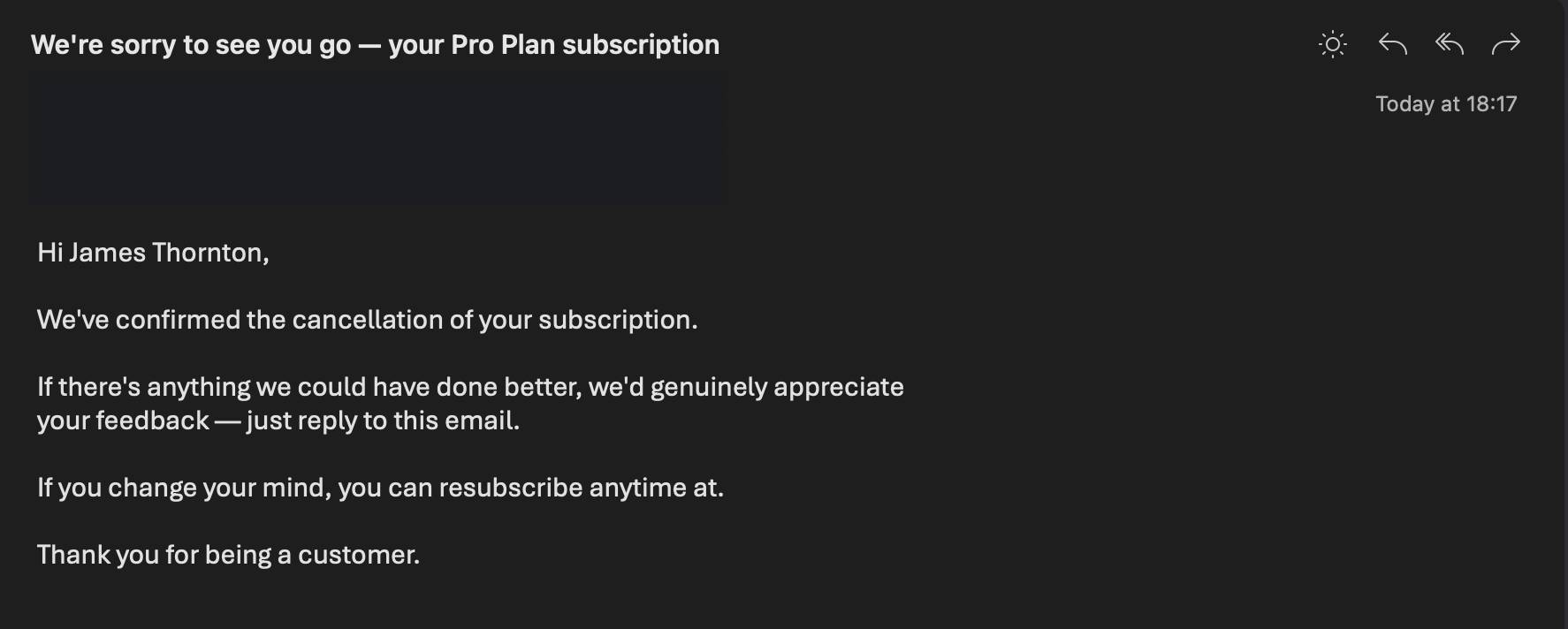 Email inbox — cancellation confirmation with customer name and plan details