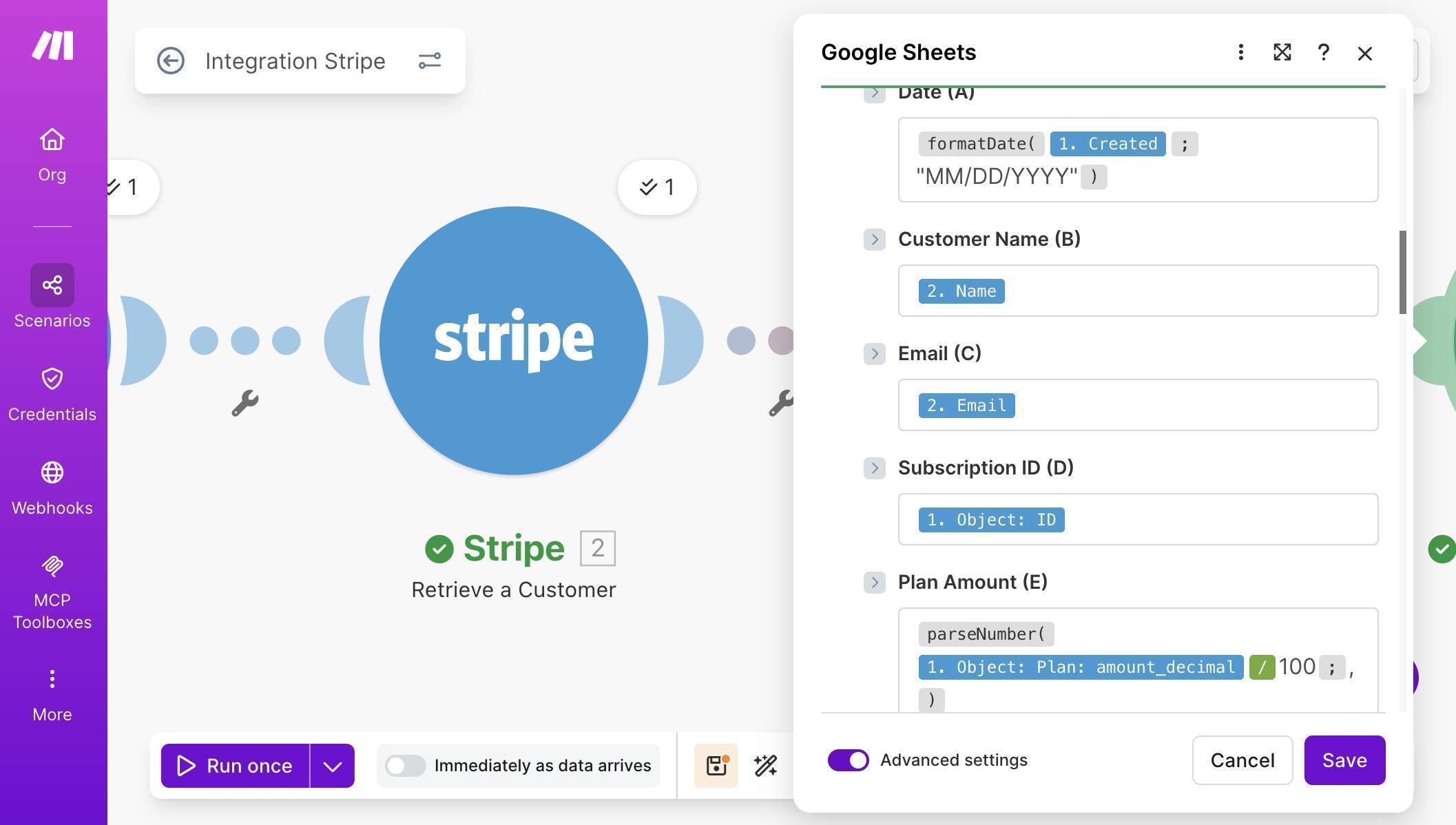 Make.com Google Sheets mapping — Date formula, Name, Email, Subscription ID, and Plan Amount fields