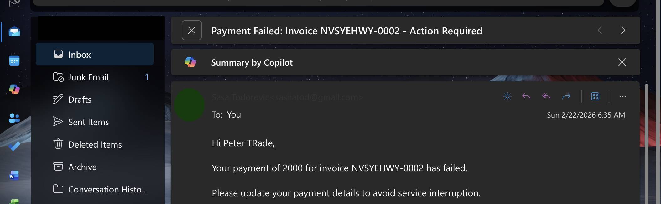 Email inbox showing Payment Failed invoice email received instantly with customer name and invoice number