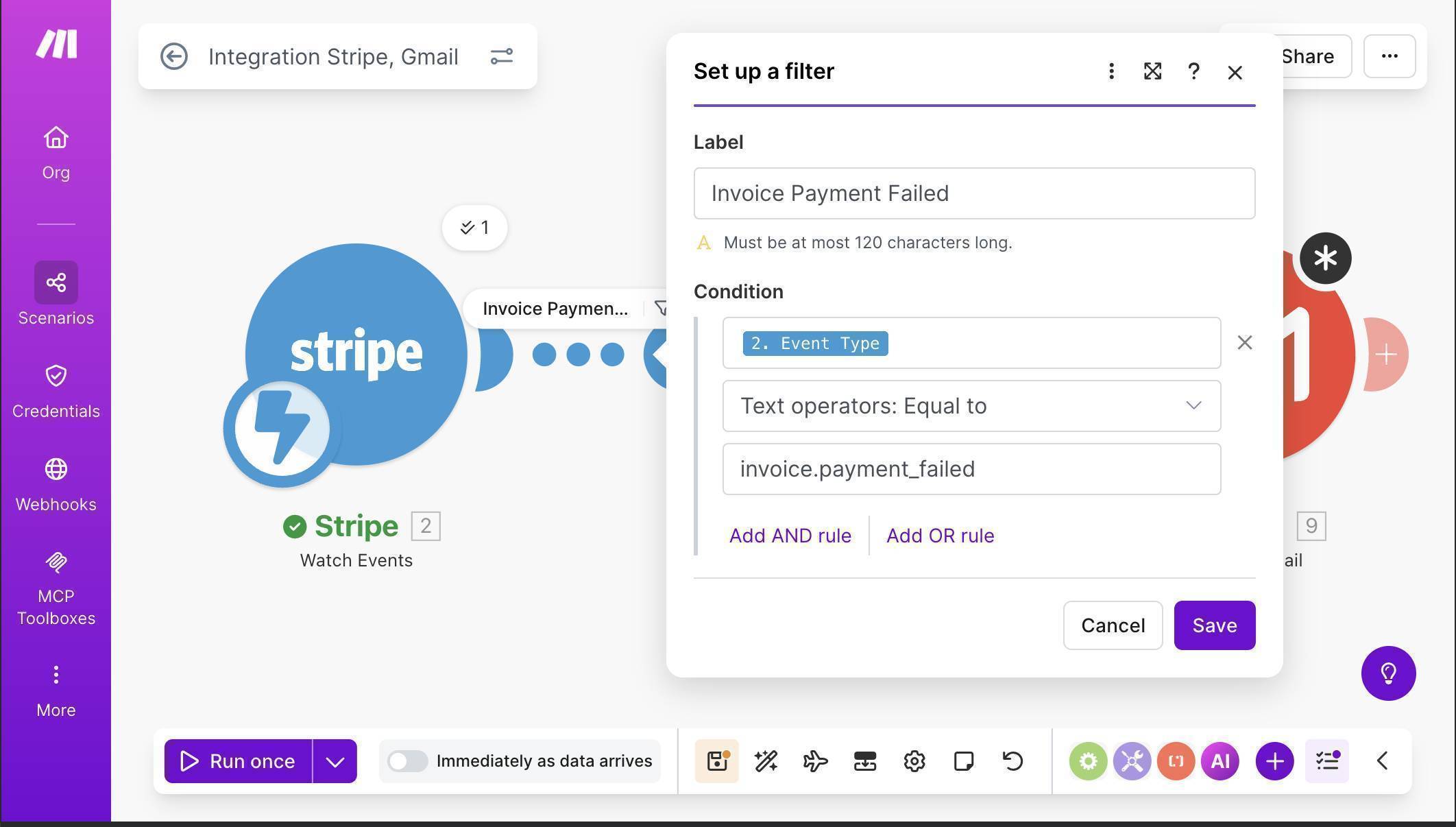 Make.com filter setup with condition Event Type equal to invoice.payment_failed