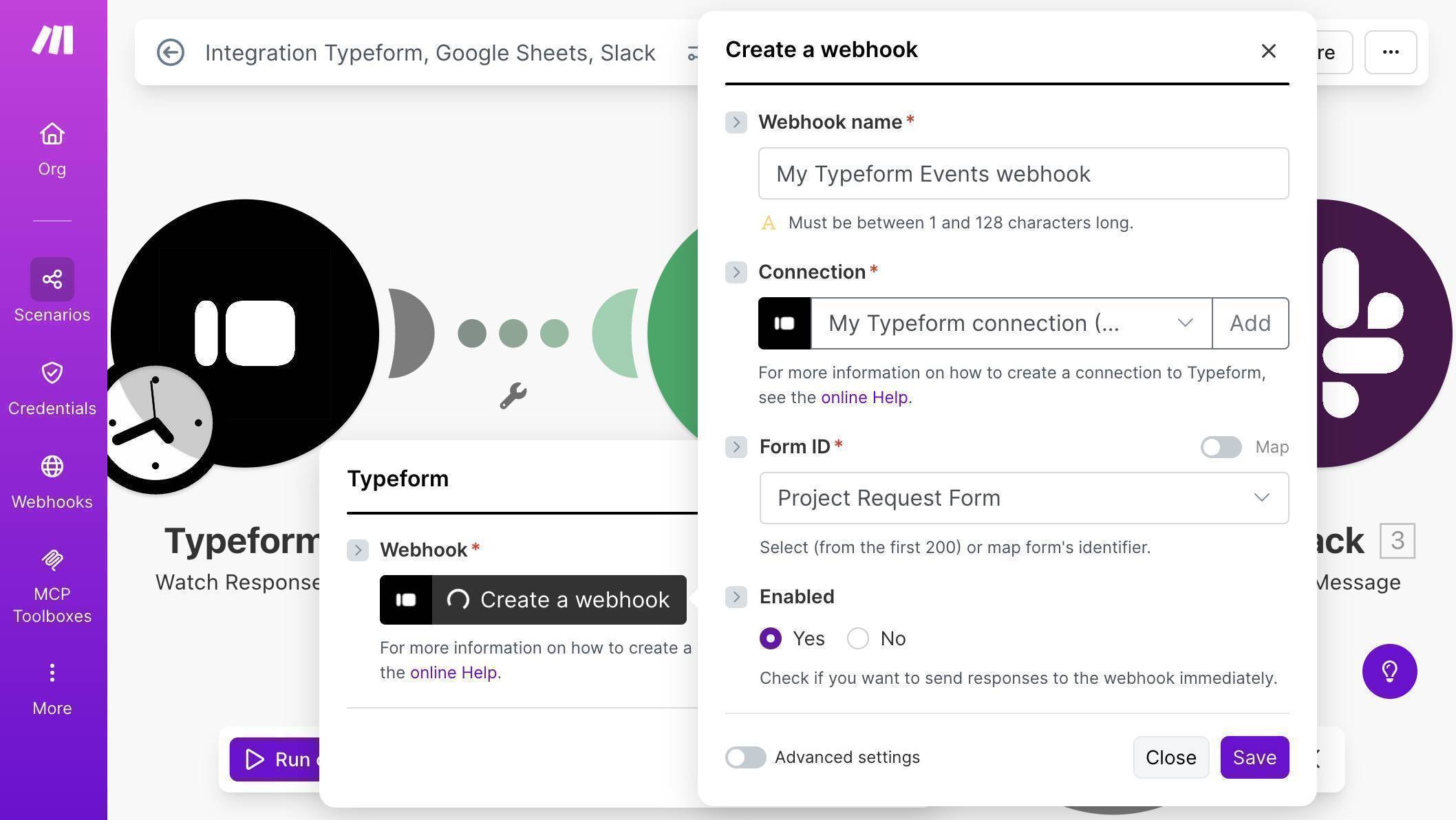 Typeform webhook configuration — connection established, form selected, webhook enabled