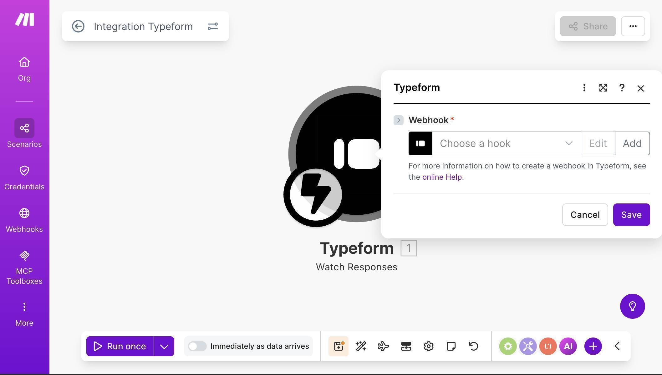Typeform Watch Responses INSTANT module — webhook-based trigger for real-time processing