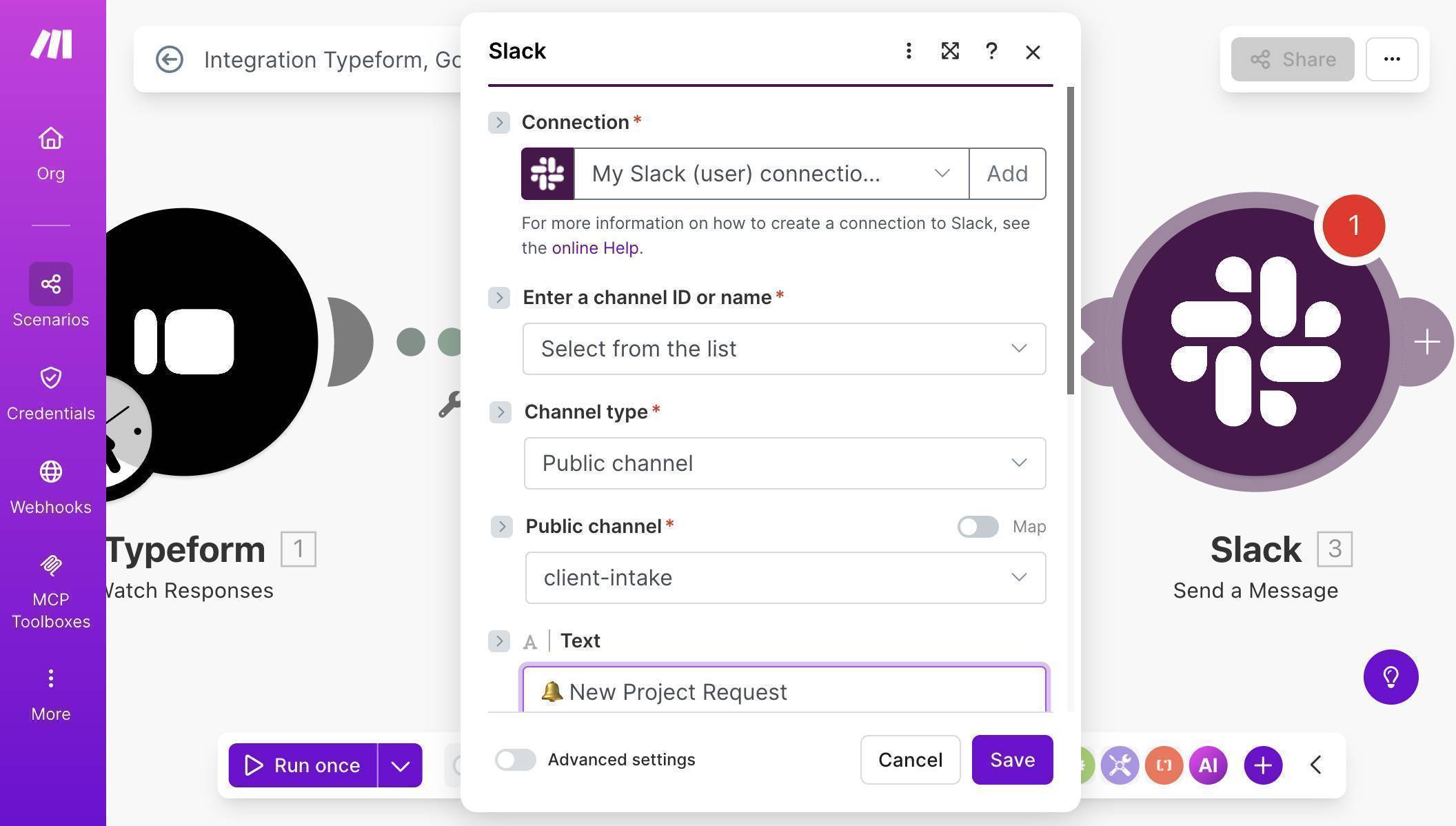Slack module — connection and channel configuration with client-intake channel selected