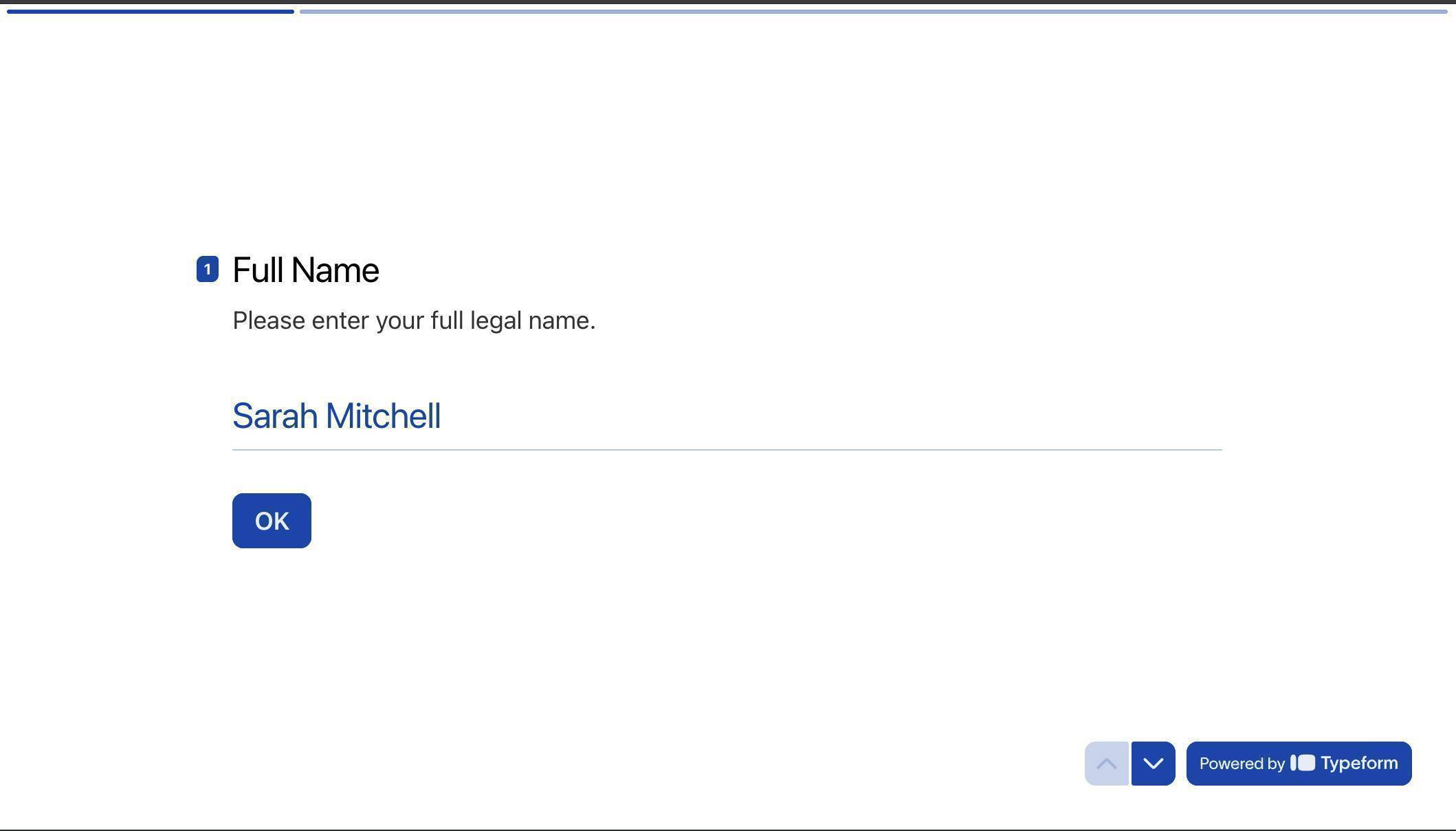 Typeform live form — test submission with sample client data