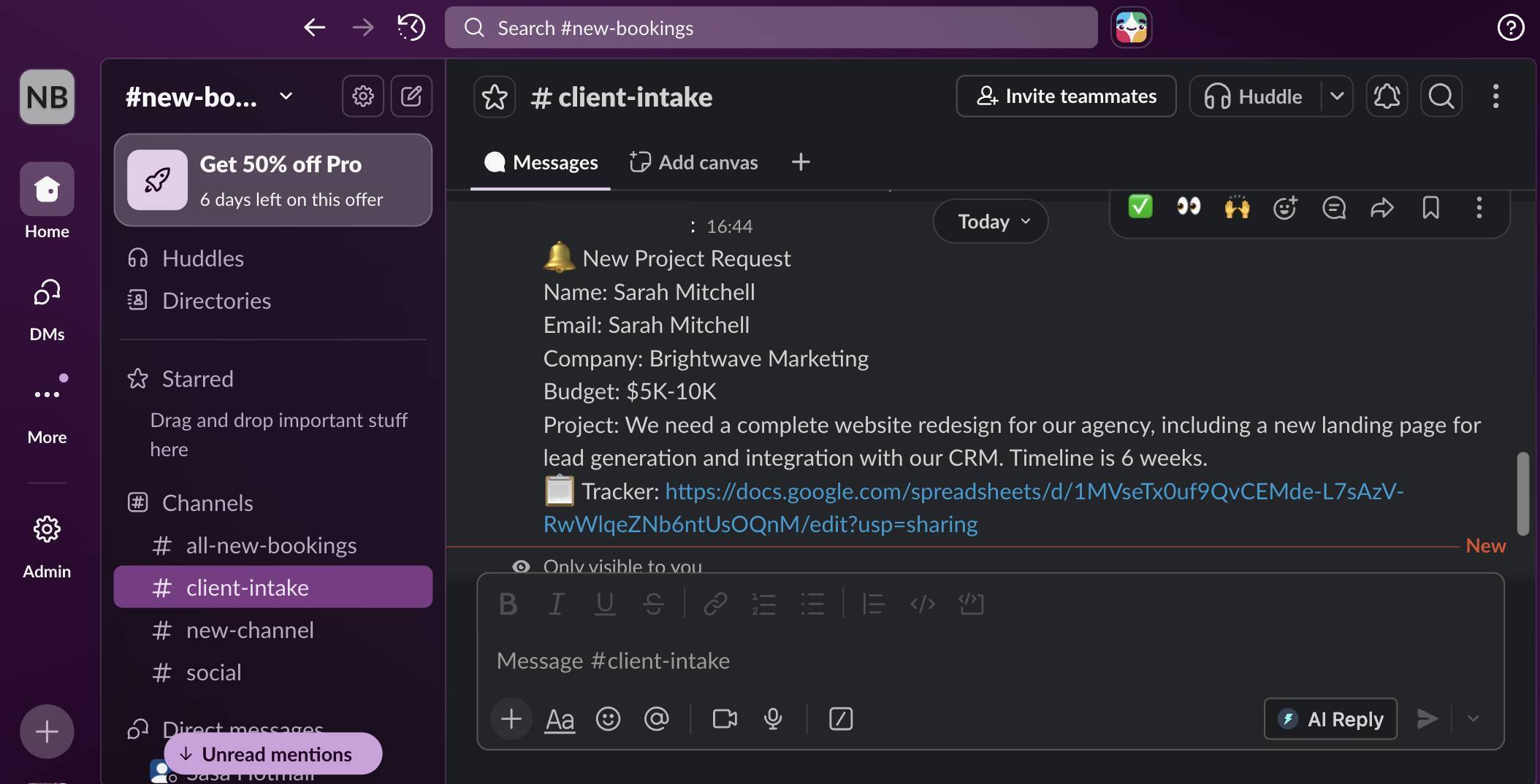 Slack notification in #client-intake channel — complete project request details with tracker link