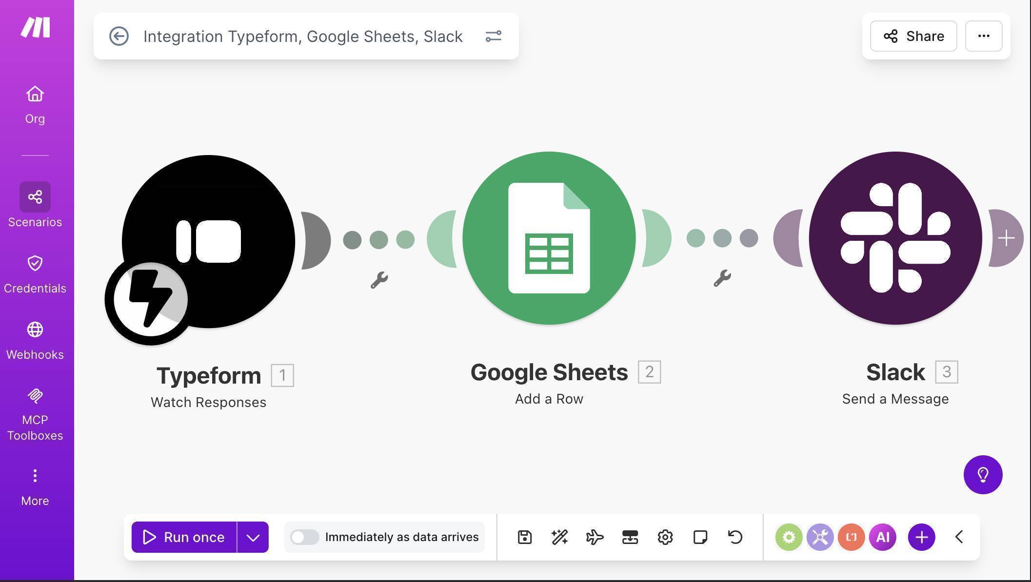 Complete Make.com scenario — three modules connected and ready to run