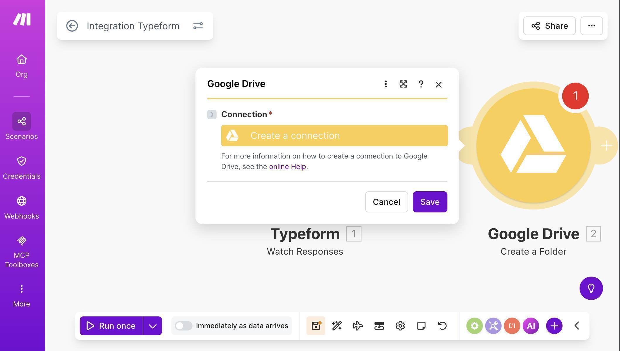 Google Drive Create a Folder module — click Create a connection to link your Google account